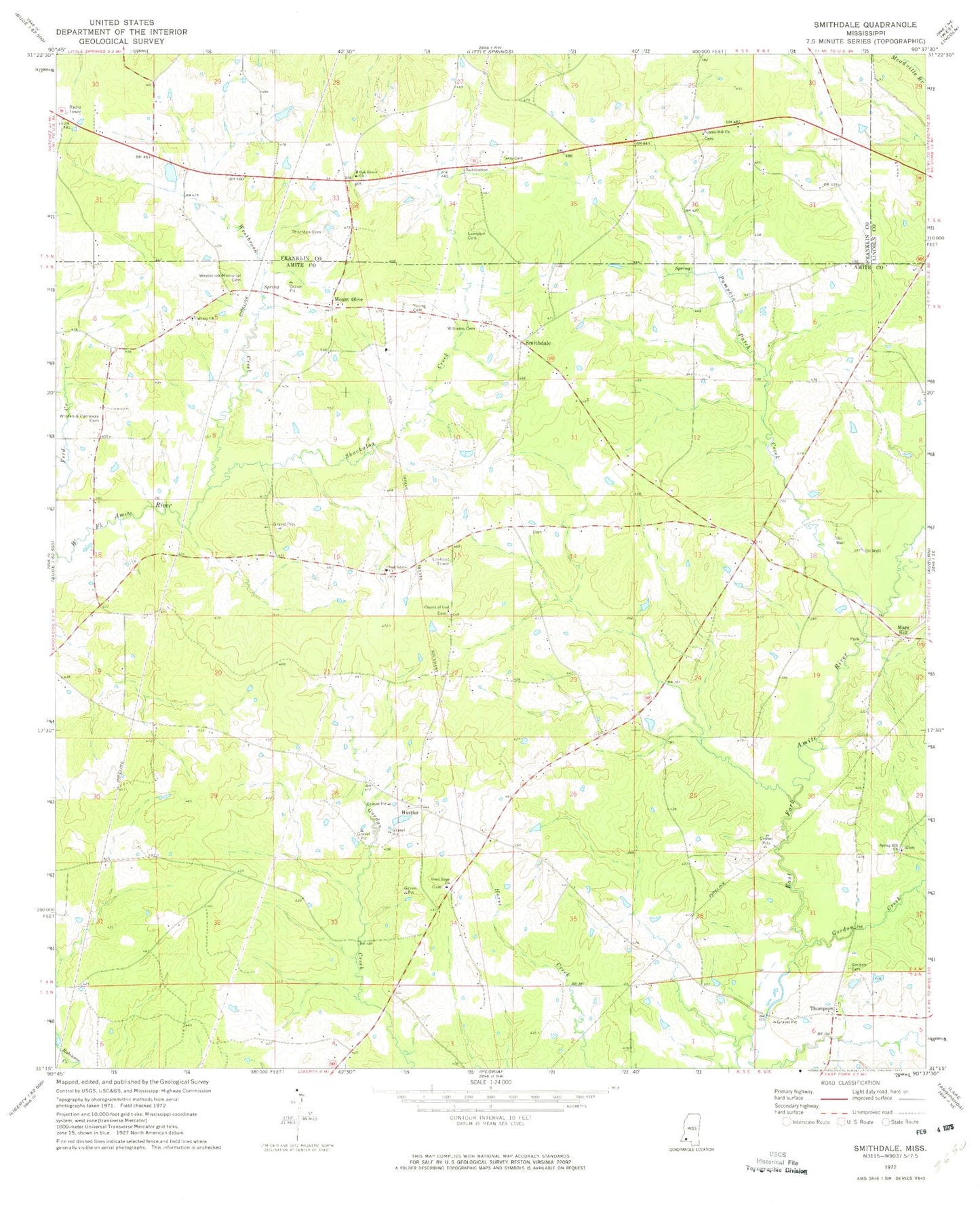 Classic USGS Smithdale Mississippi 7.5'x7.5' Topo Map Image