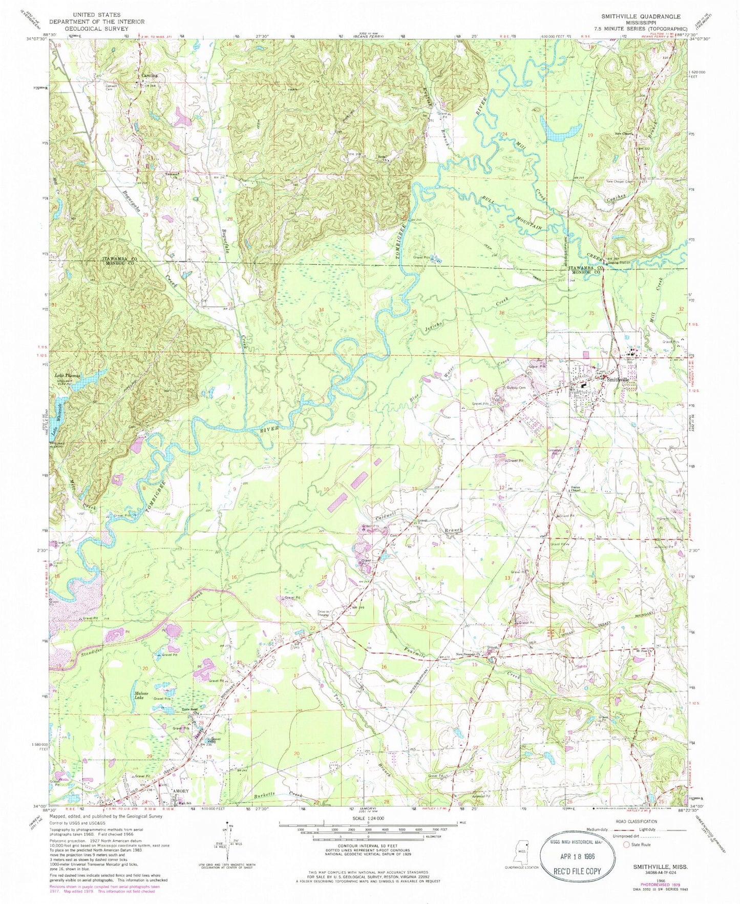 Classic USGS Smithville Mississippi 7.5'x7.5' Topo Map Image