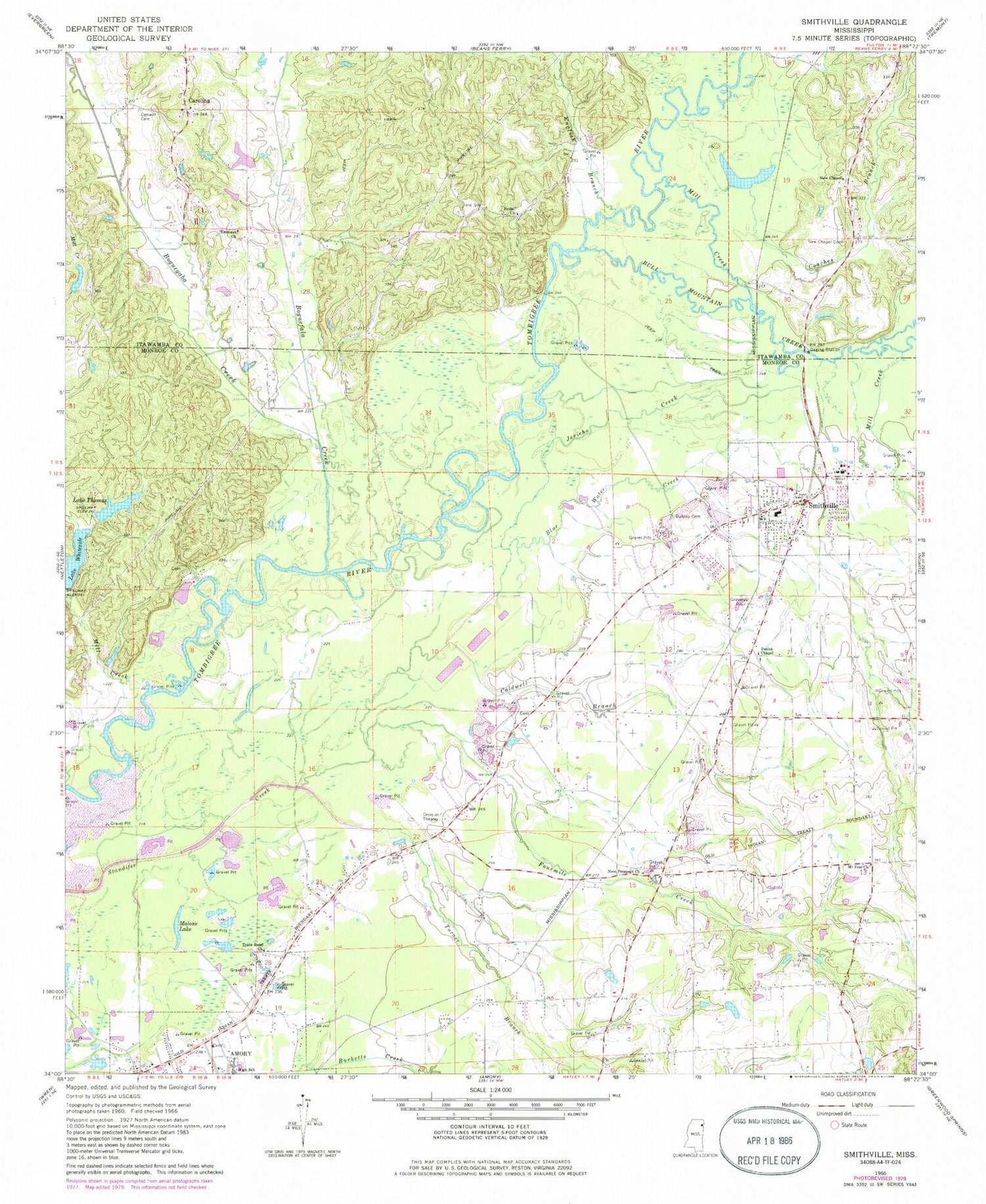 Classic USGS Smithville Mississippi 7.5'x7.5' Topo Map Image