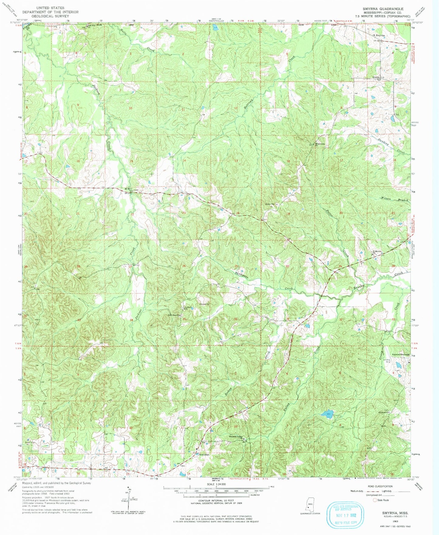 Classic USGS Smyrna Mississippi 7.5'x7.5' Topo Map Image