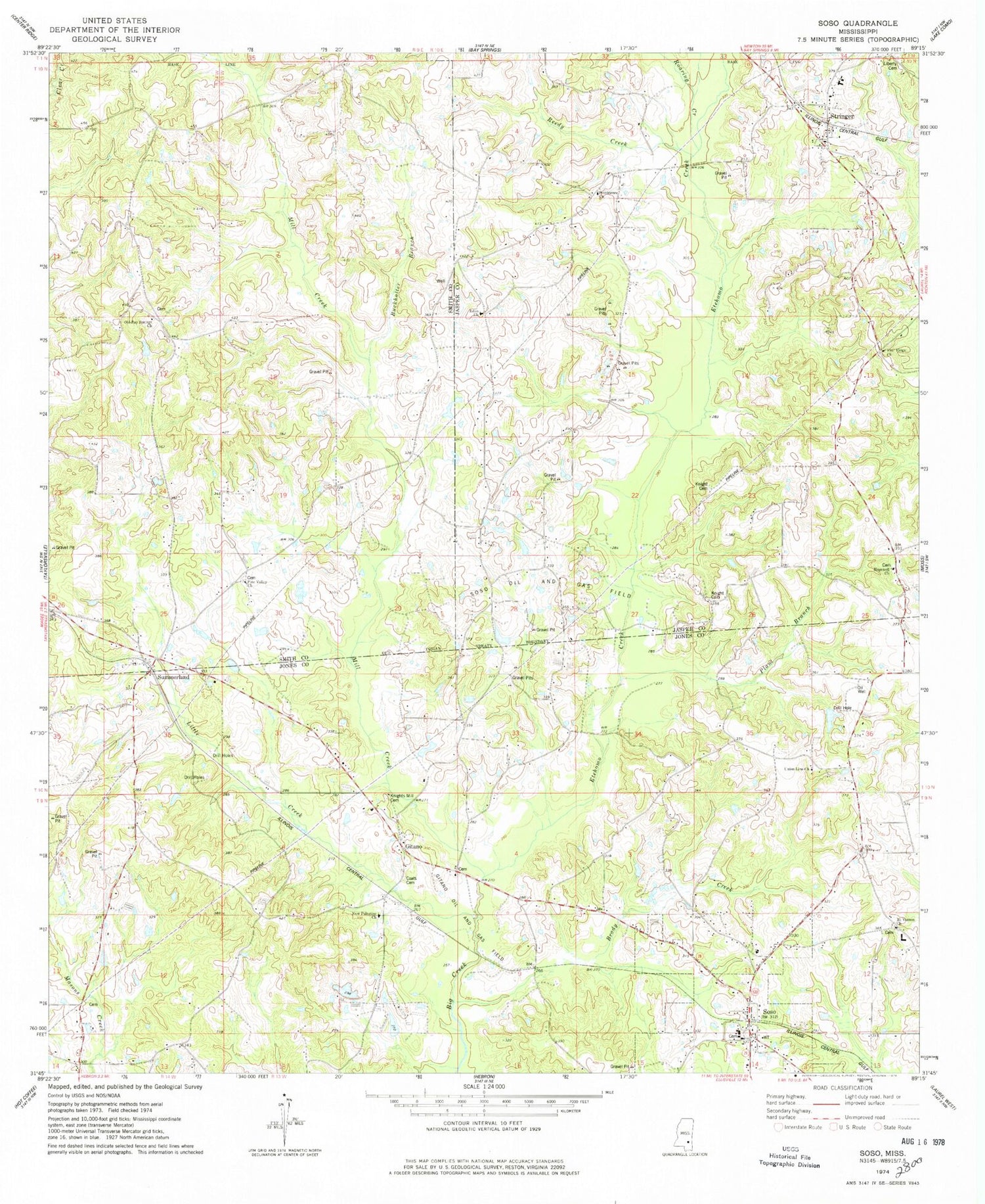 Classic USGS Soso Mississippi 7.5'x7.5' Topo Map Image