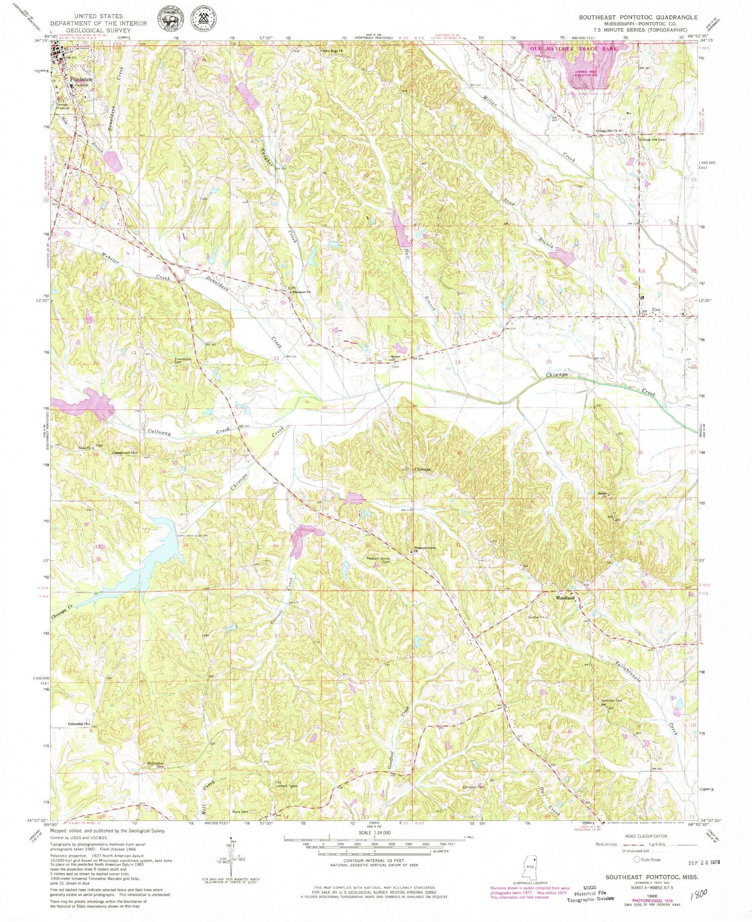 Classic USGS Southeast Pontotoc Mississippi 7.5'x7.5' Topo Map Image