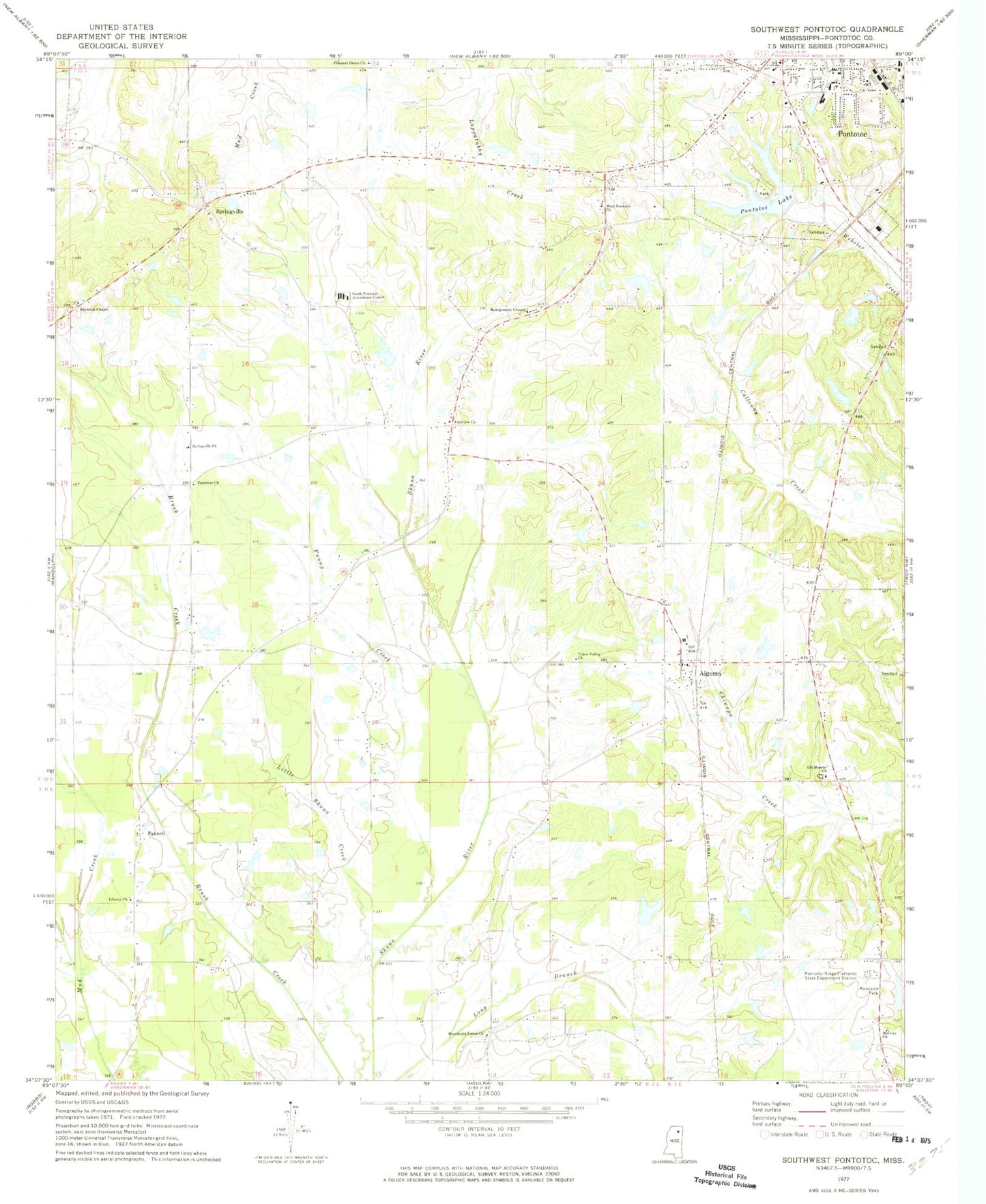 Classic USGS Southwest Pontotoc Mississippi 7.5'x7.5' Topo Map Image
