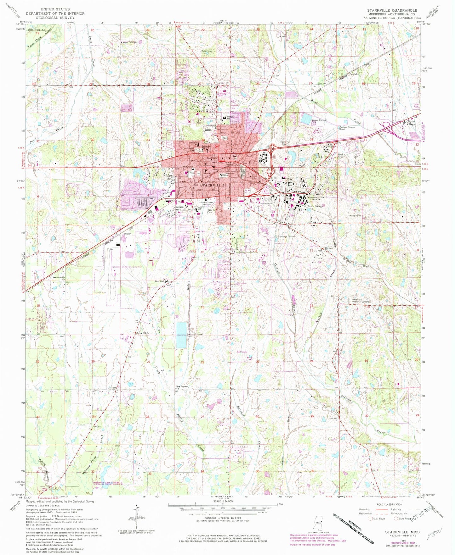 Classic USGS Starkville Mississippi 7.5'x7.5' Topo Map Image