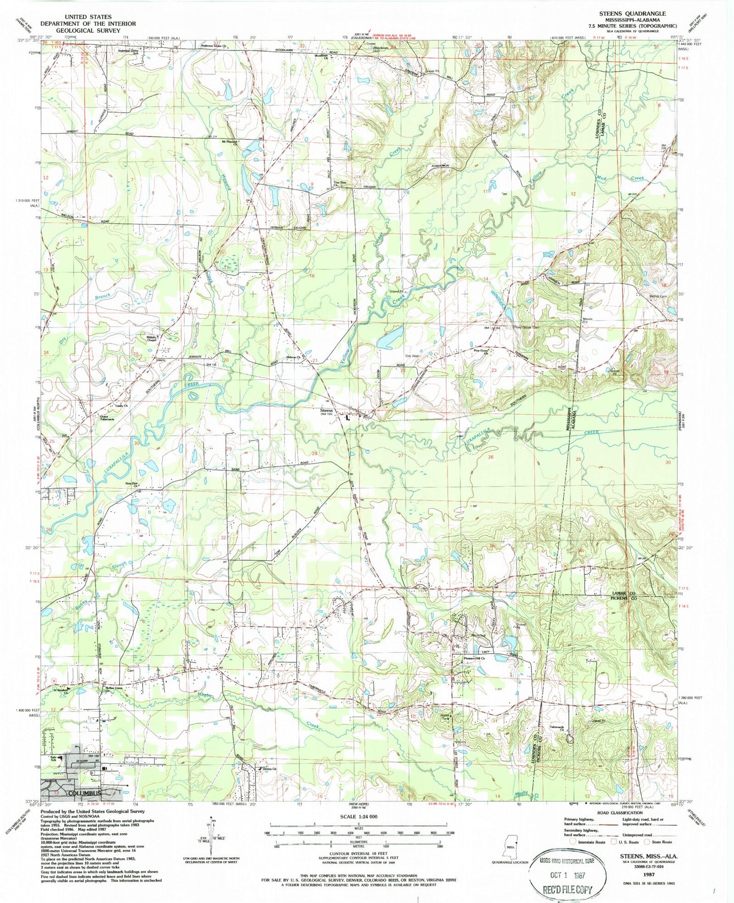 Classic USGS Steens Mississippi 7.5'x7.5' Topo Map Image