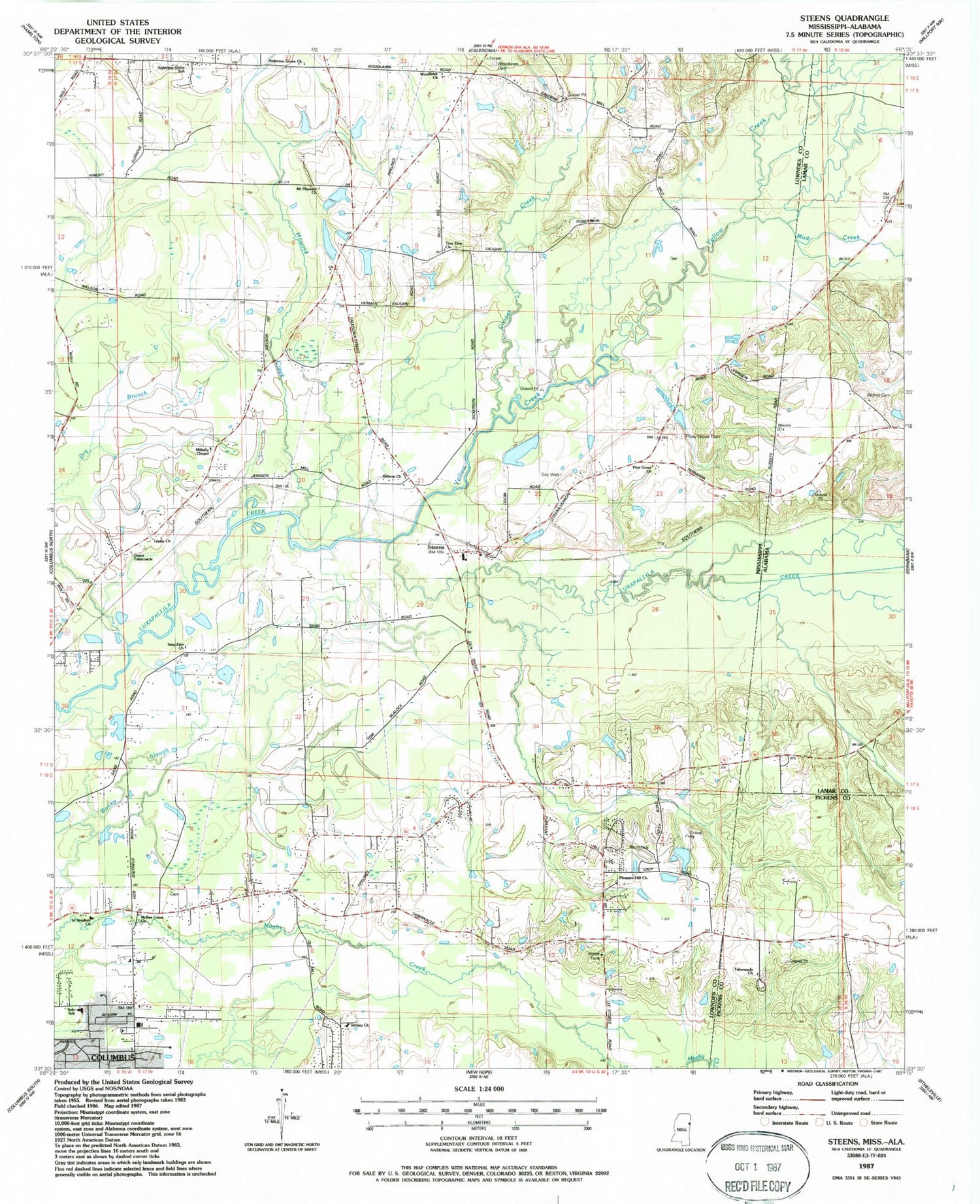 Classic USGS Steens Mississippi 7.5'x7.5' Topo Map Image