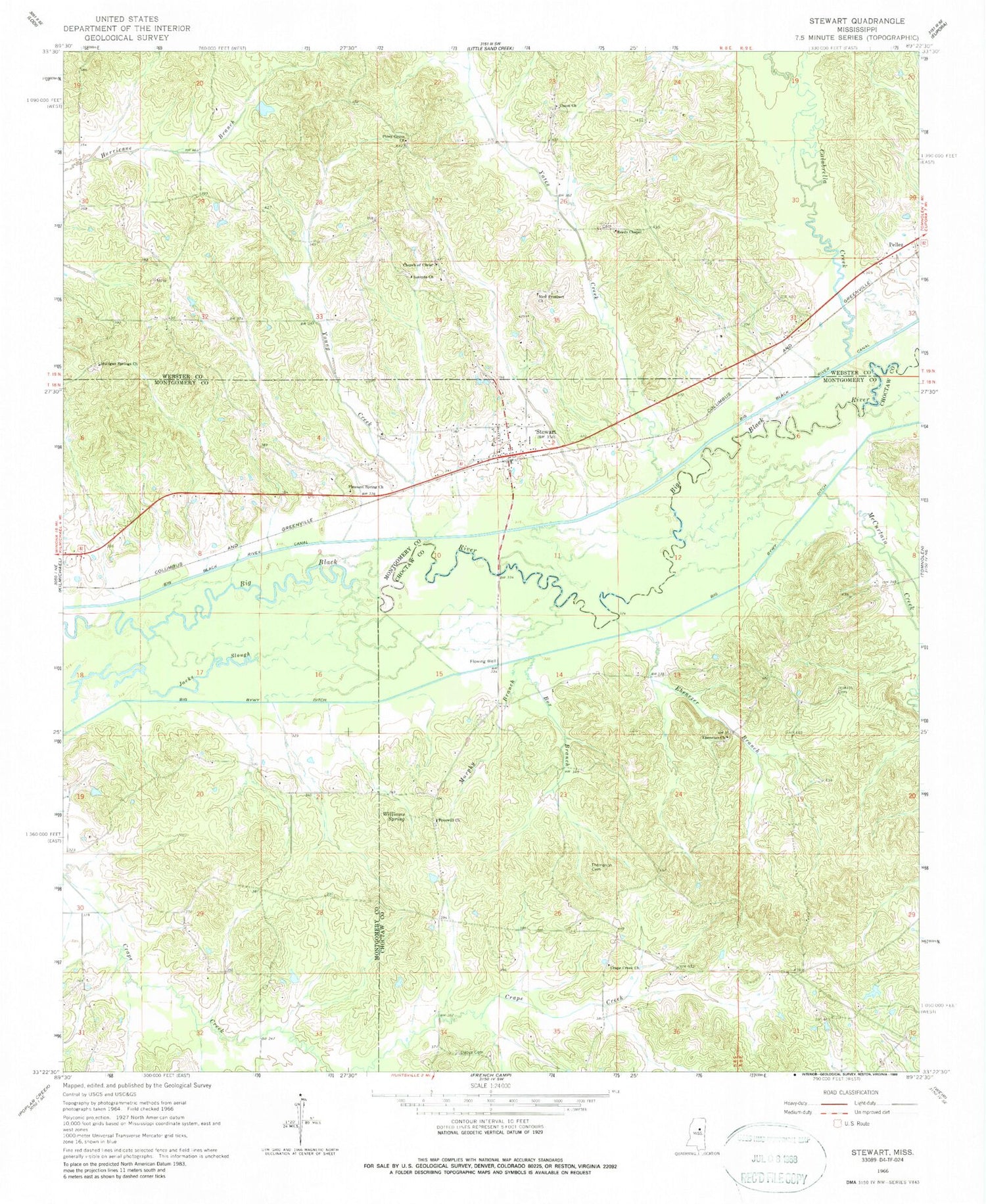 Classic USGS Stewart Mississippi 7.5'x7.5' Topo Map Image