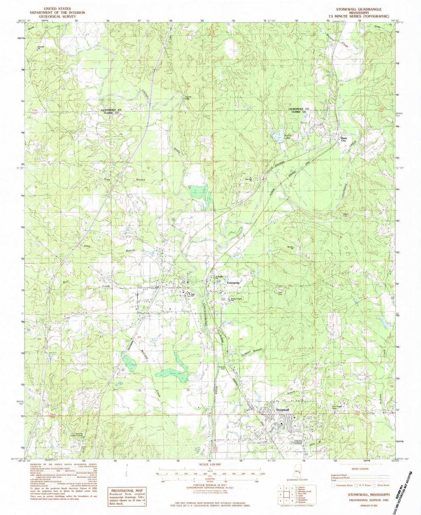 Classic USGS Stonewall Mississippi 7.5'x7.5' Topo Map Image