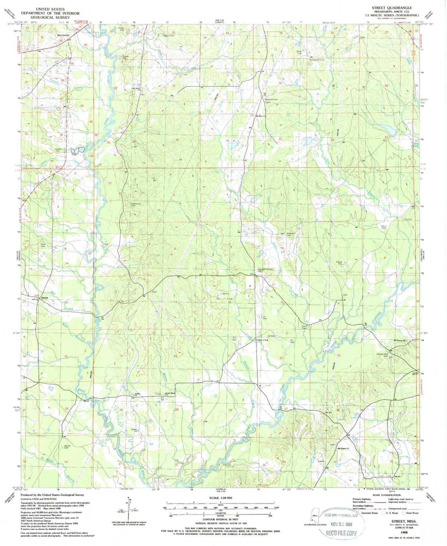 Classic USGS Street Mississippi 7.5'x7.5' Topo Map Image