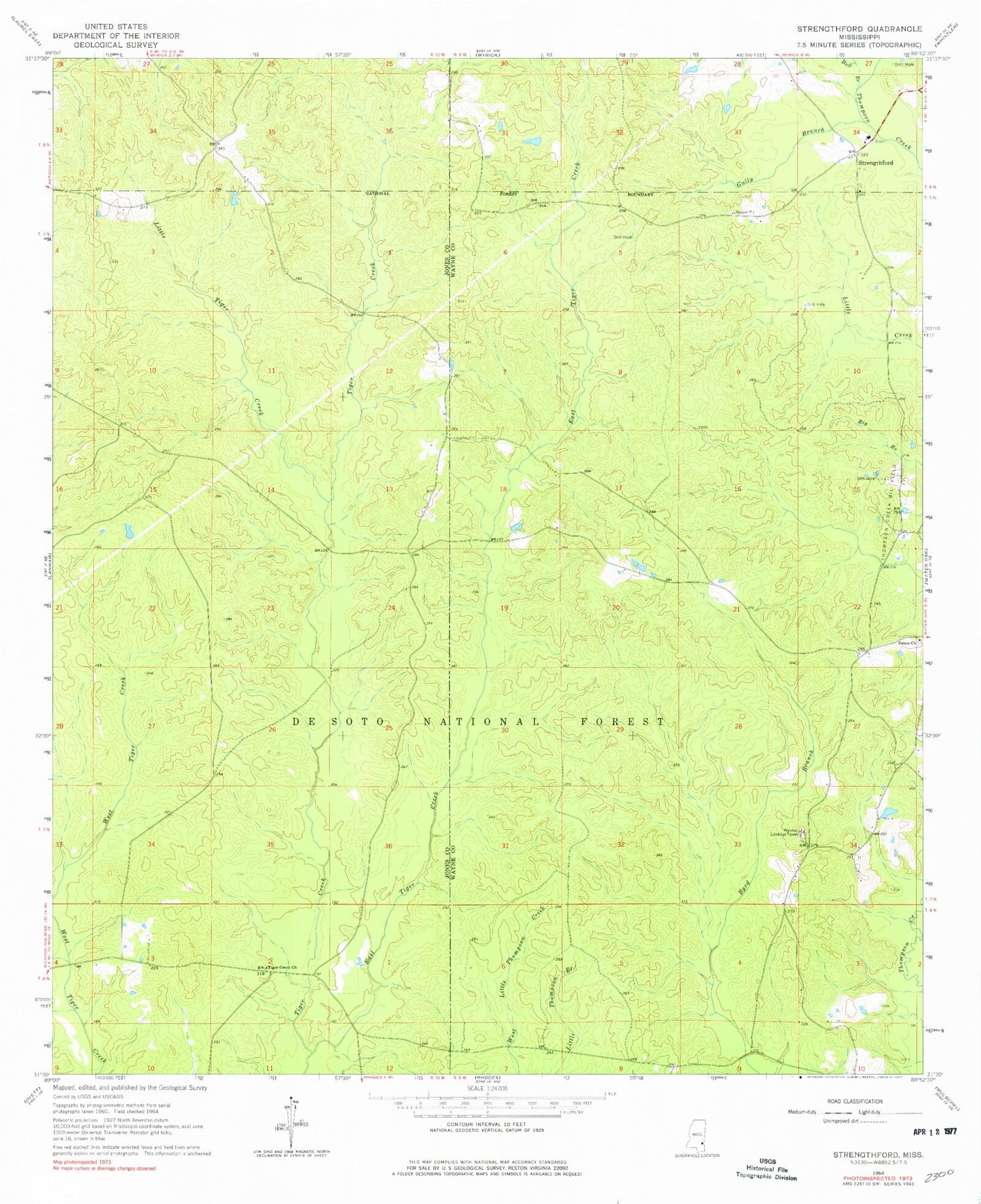Classic USGS Strengthford Mississippi 7.5'x7.5' Topo Map Image
