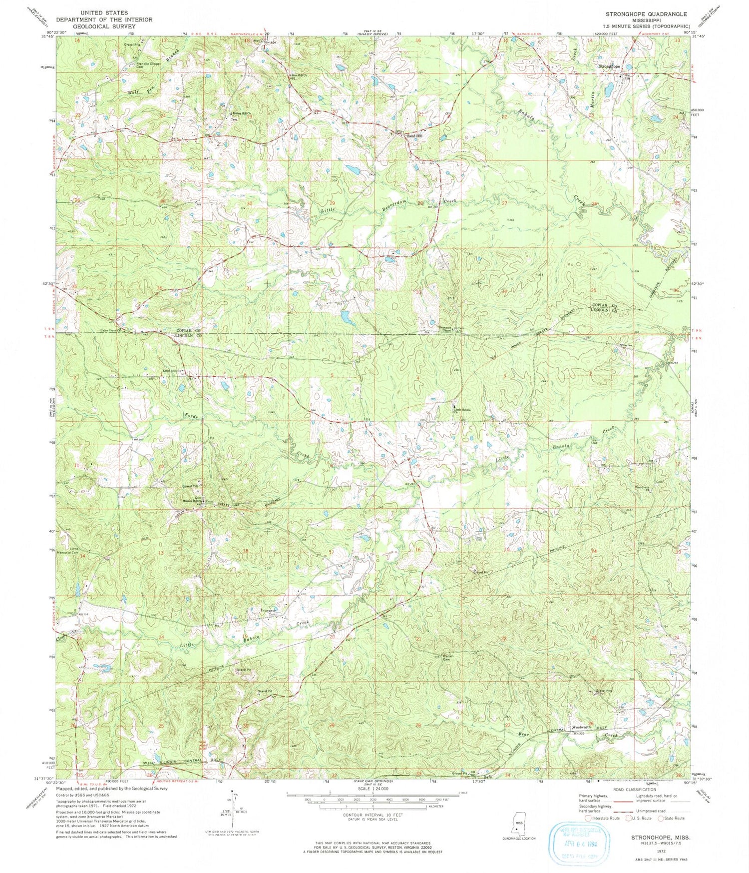 Classic USGS Stronghope Mississippi 7.5'x7.5' Topo Map Image