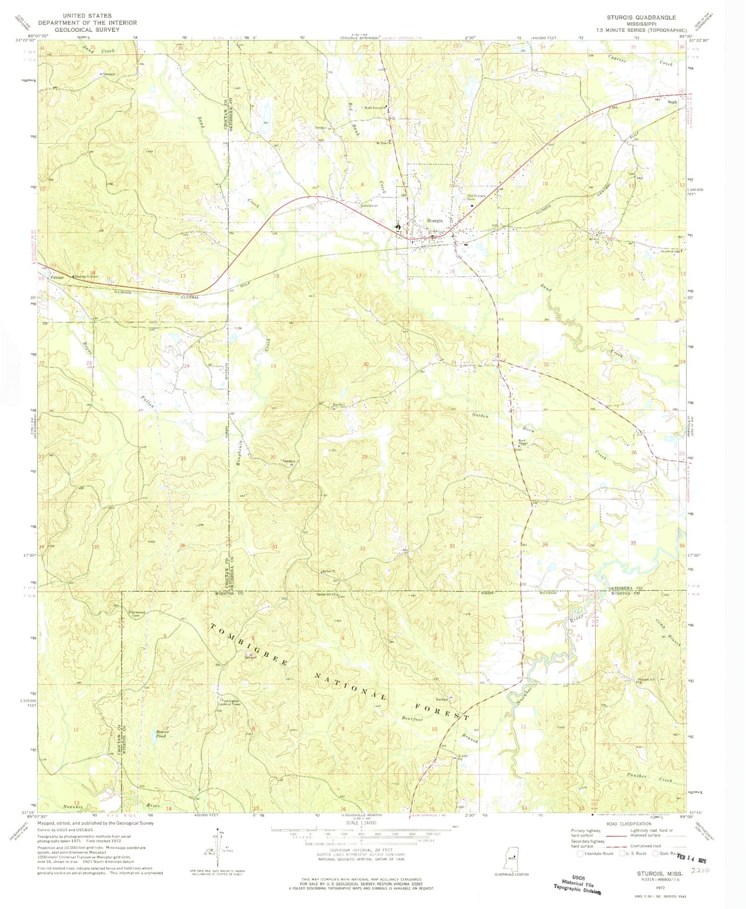 Classic USGS Sturgis Mississippi 7.5'x7.5' Topo Map Image