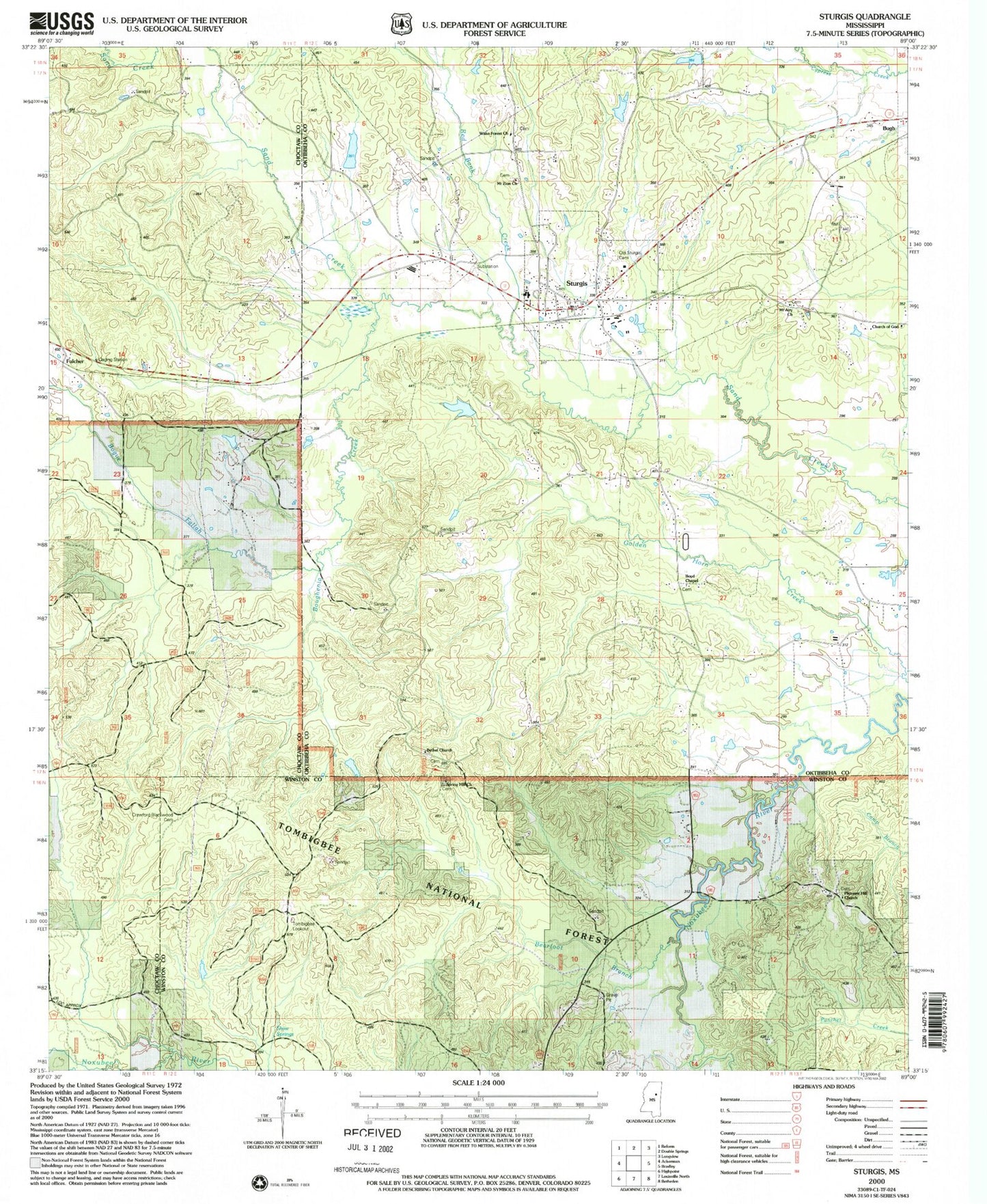 Classic USGS Sturgis Mississippi 7.5'x7.5' Topo Map Image