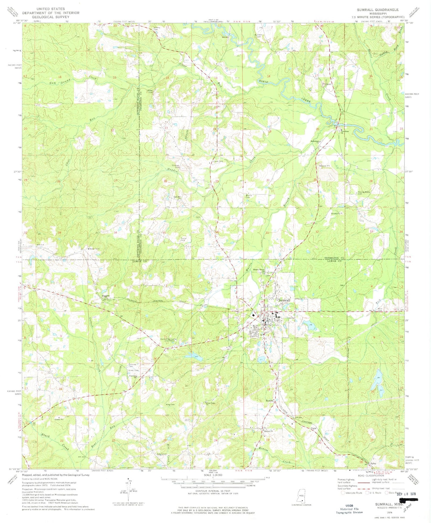 Classic USGS Sumrall Mississippi 7.5'x7.5' Topo Map Image
