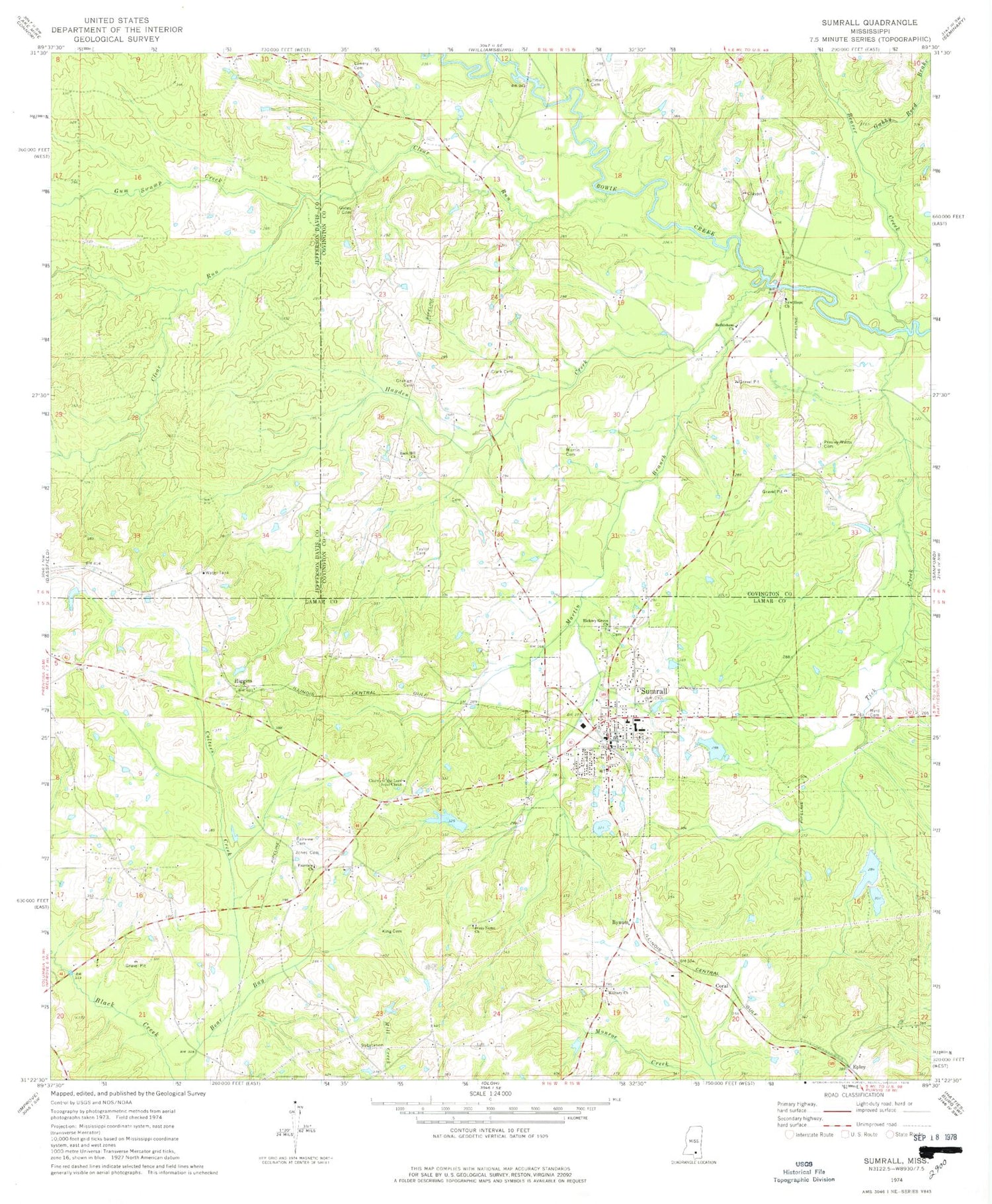 Classic USGS Sumrall Mississippi 7.5'x7.5' Topo Map Image