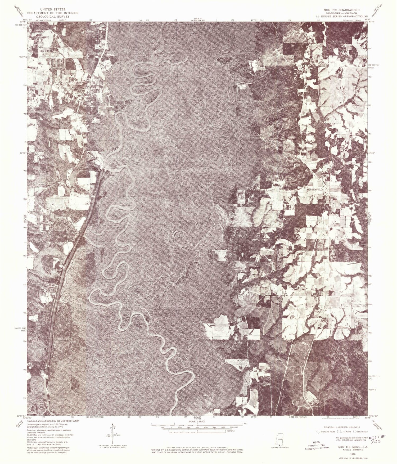 Classic USGS Henleyfield Mississippi 7.5'x7.5' Topo Map Image