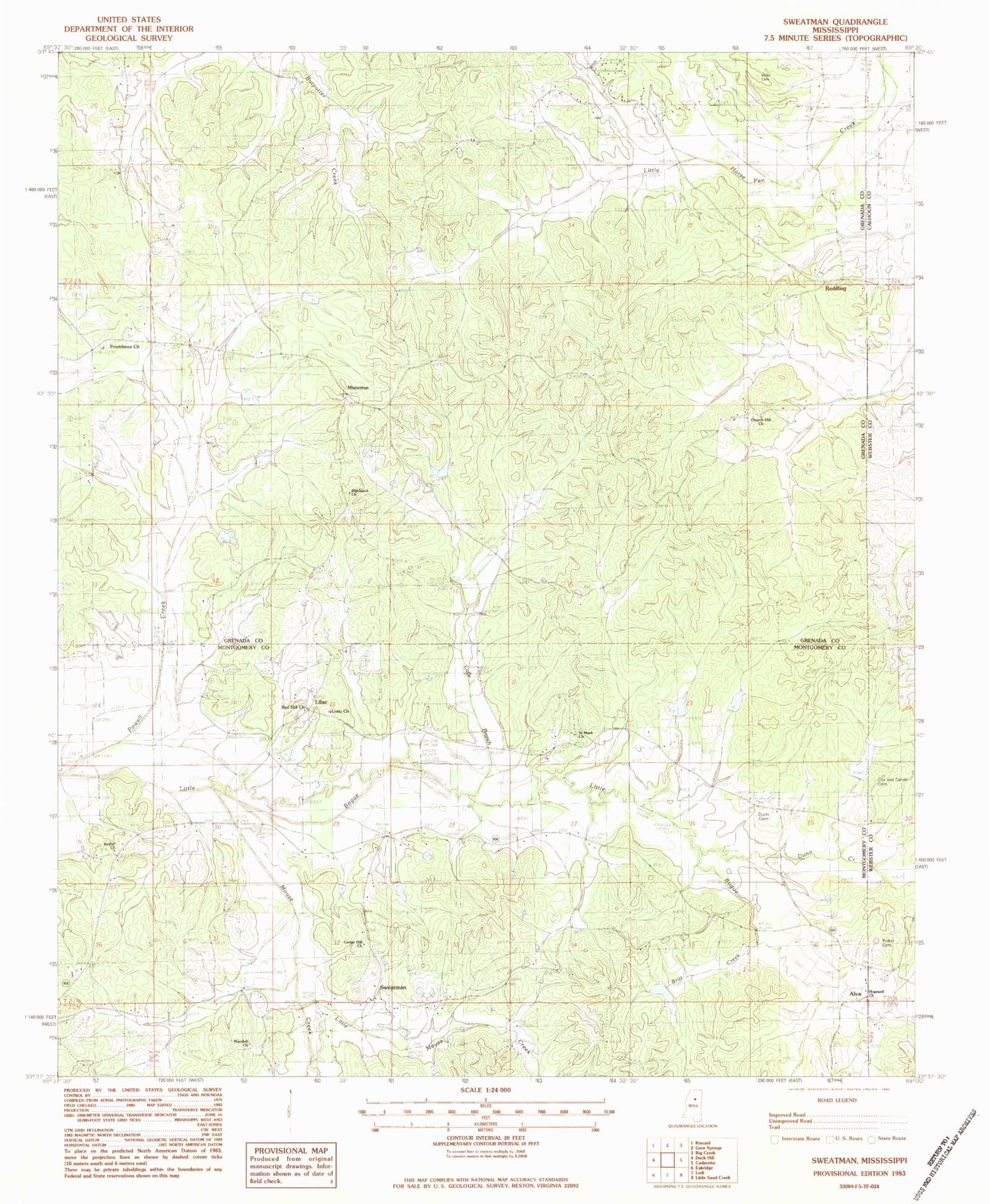 Classic USGS Sweatman Mississippi 7.5'x7.5' Topo Map Image