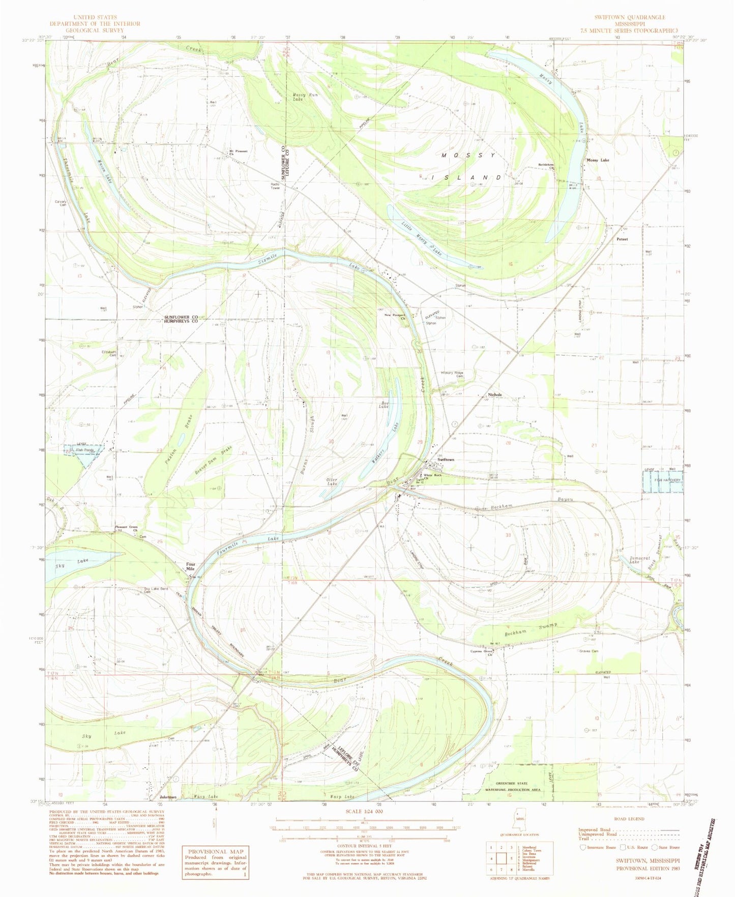 Classic USGS Swiftown Mississippi 7.5'x7.5' Topo Map Image