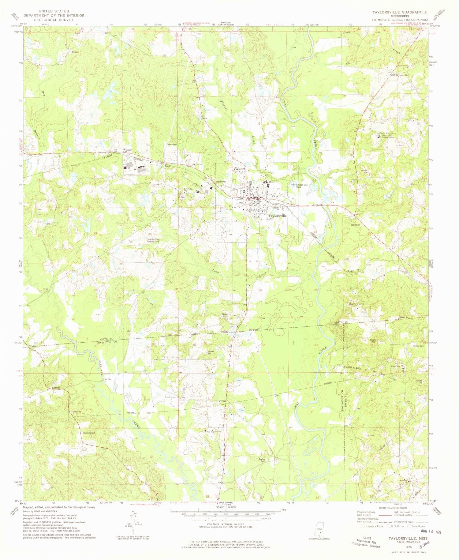 Classic USGS Taylorsville Mississippi 7.5'x7.5' Topo Map Image