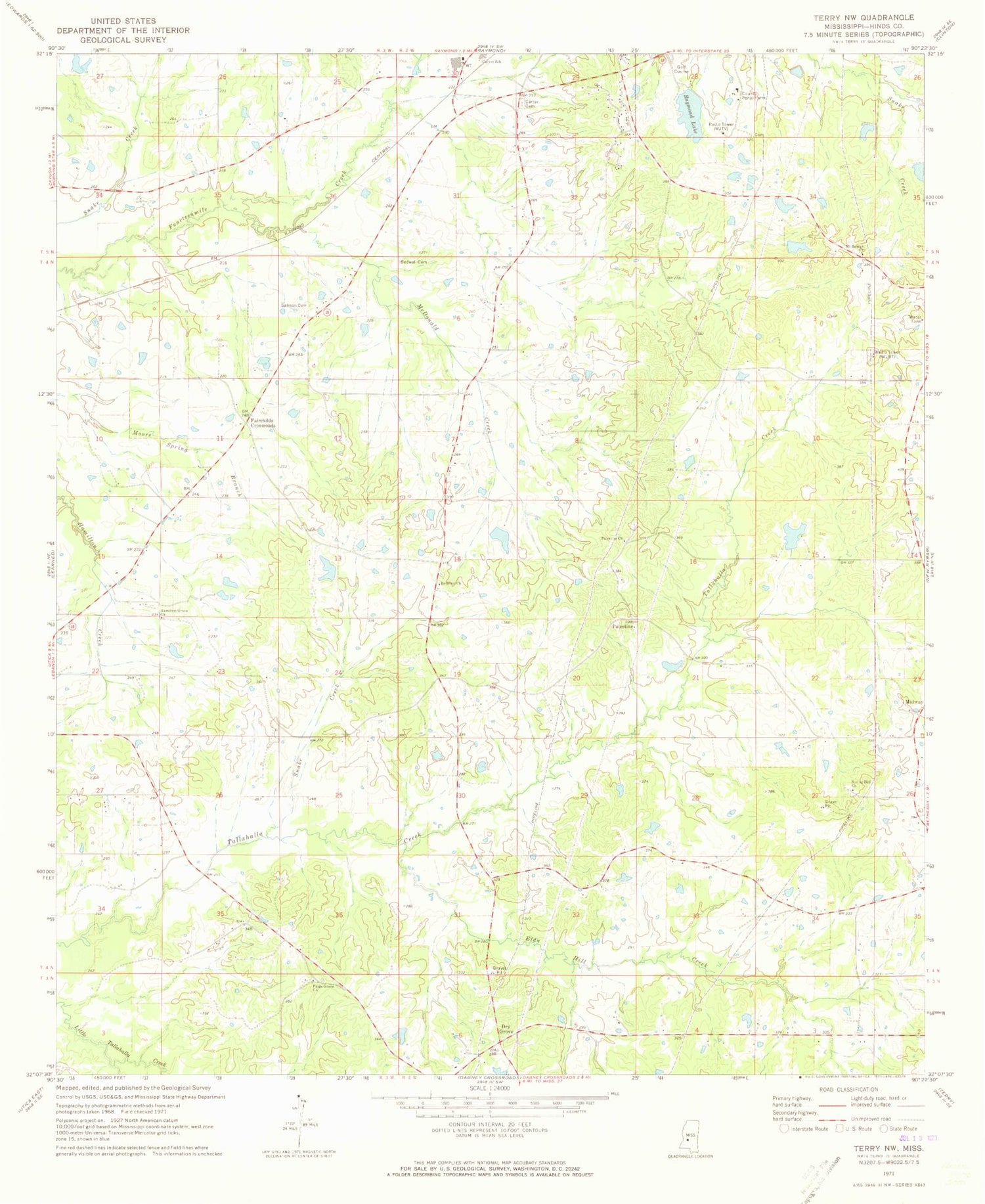 Classic USGS Terry NW Mississippi 7.5'x7.5' Topo Map Image