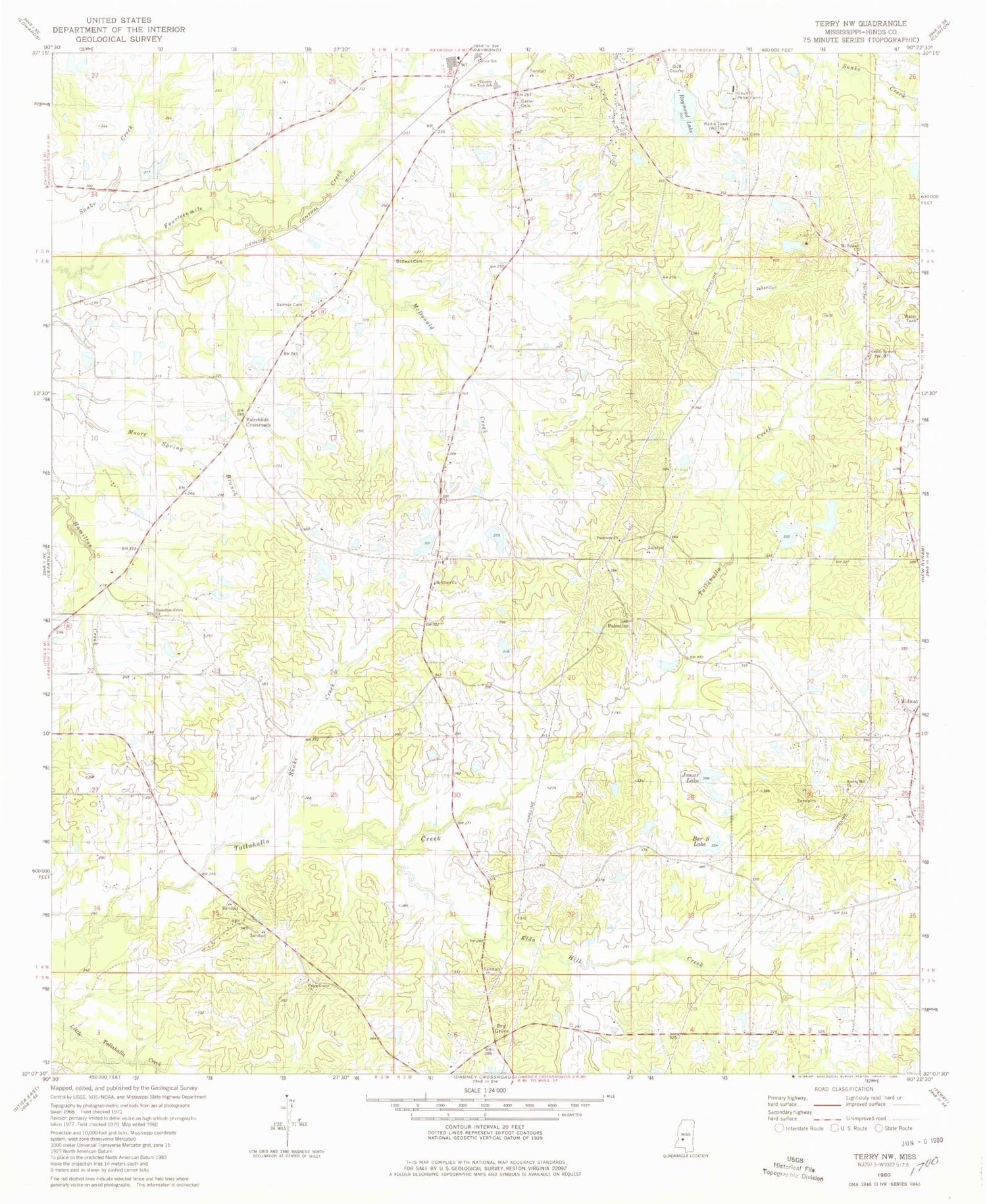 Classic USGS Terry NW Mississippi 7.5'x7.5' Topo Map Image