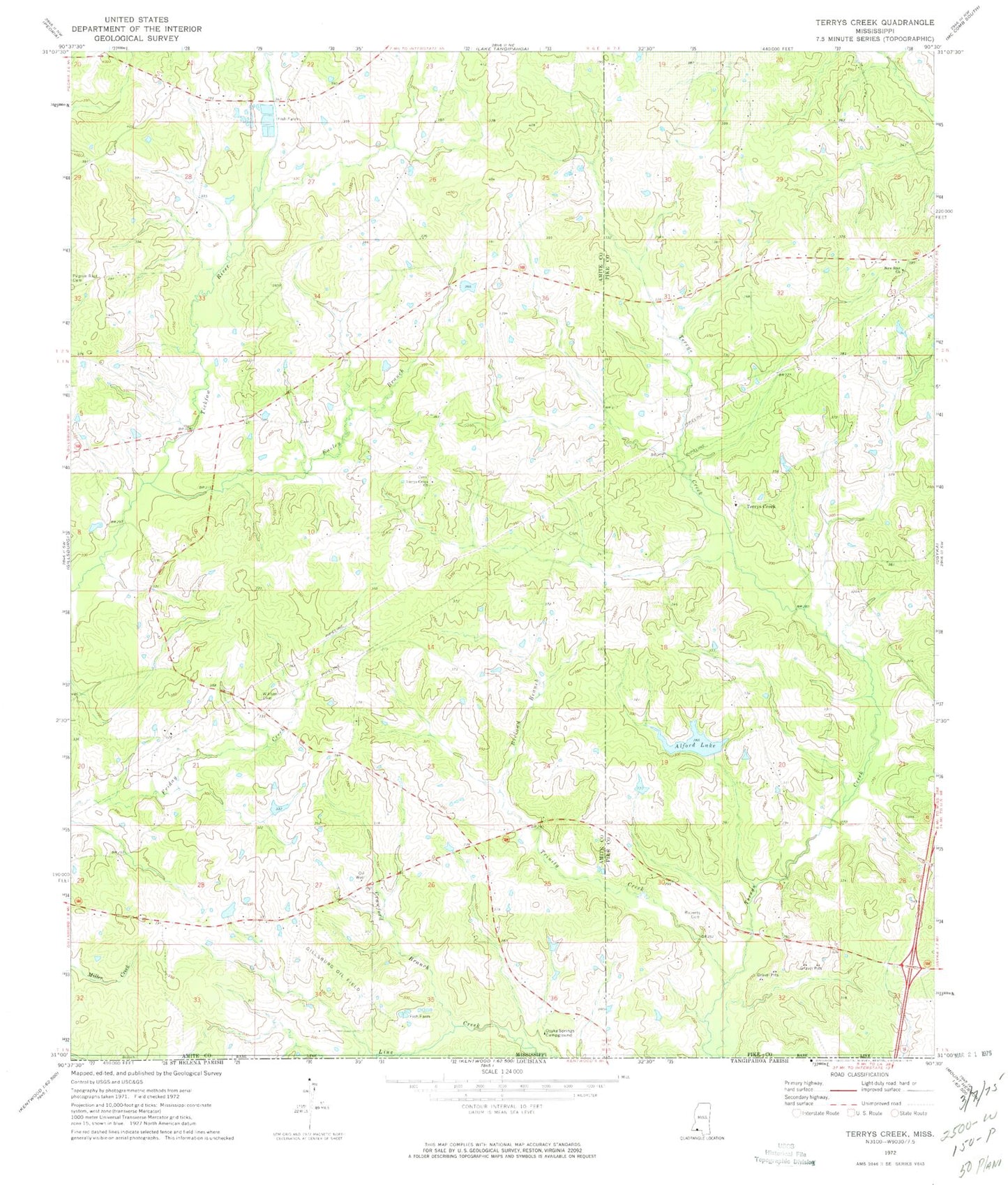 Classic USGS Terrys Creek Mississippi 7.5'x7.5' Topo Map Image