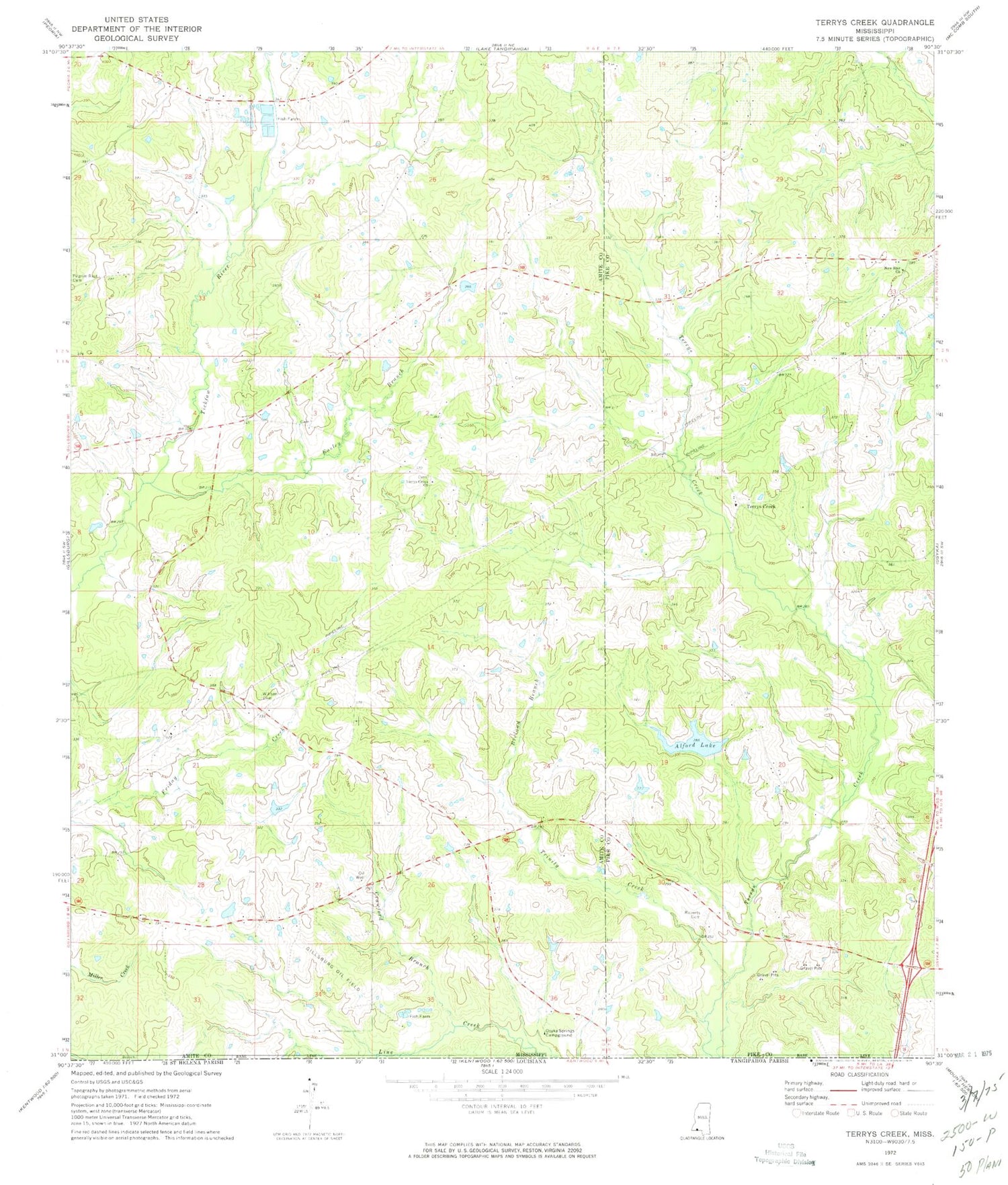 Classic USGS Terrys Creek Mississippi 7.5'x7.5' Topo Map Image