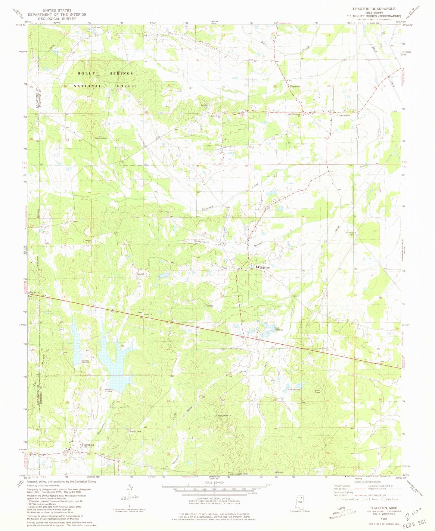 Classic USGS Thaxton Mississippi 7.5'x7.5' Topo Map Image