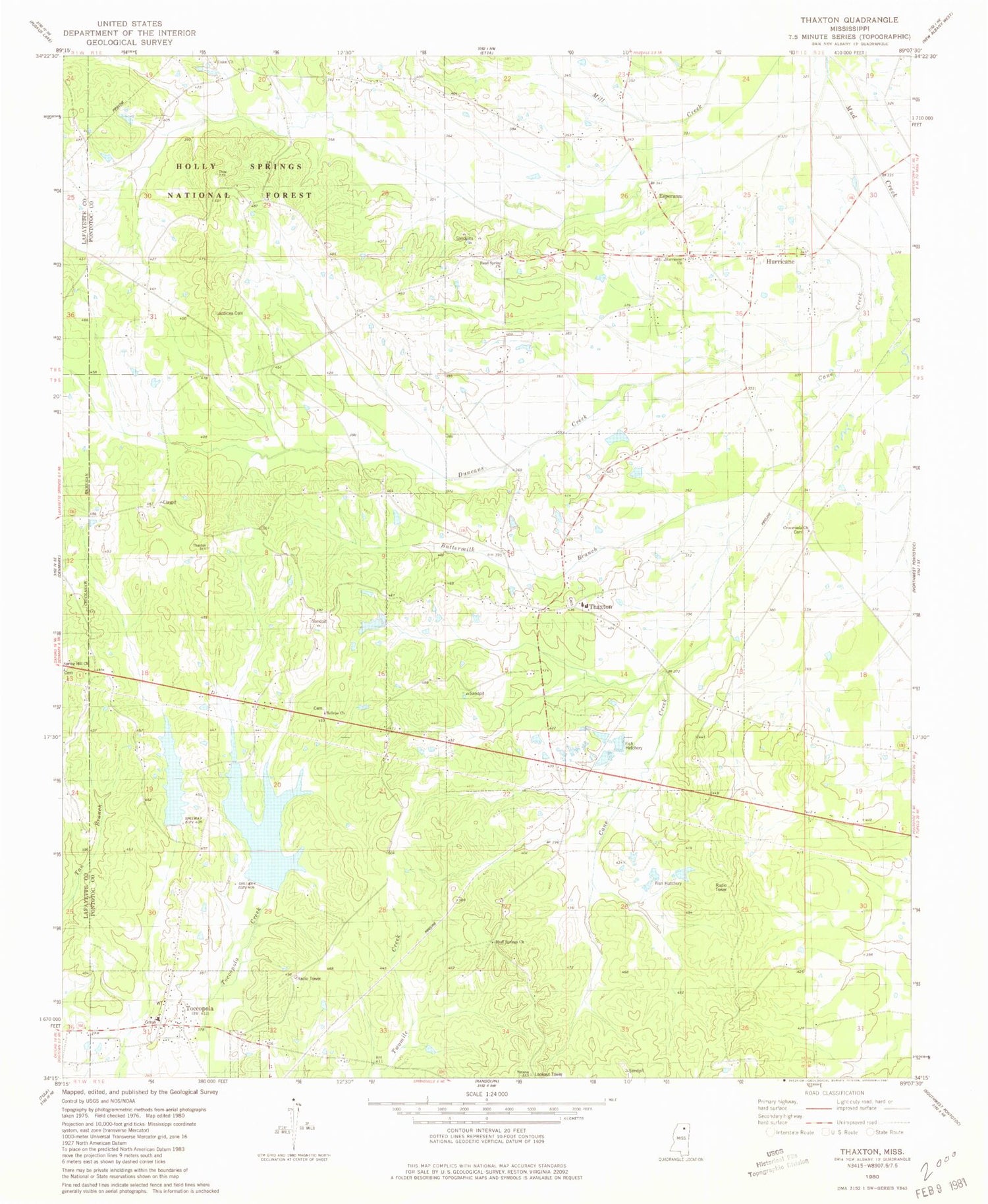 Classic USGS Thaxton Mississippi 7.5'x7.5' Topo Map Image