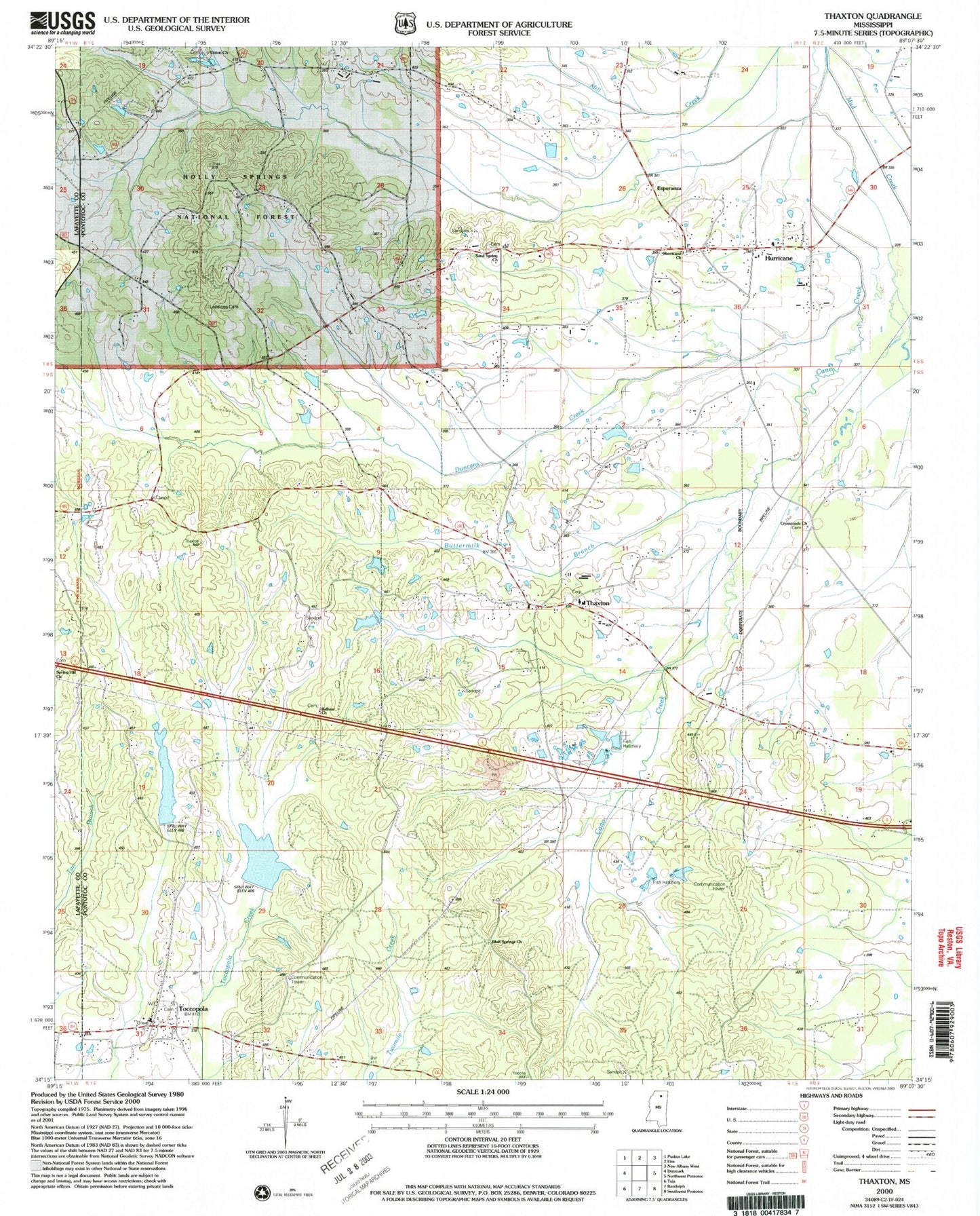 Classic USGS Thaxton Mississippi 7.5'x7.5' Topo Map Image