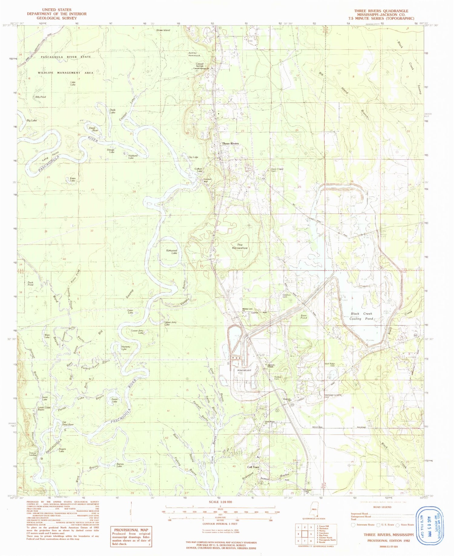 Classic USGS Three Rivers Mississippi 7.5'x7.5' Topo Map Image