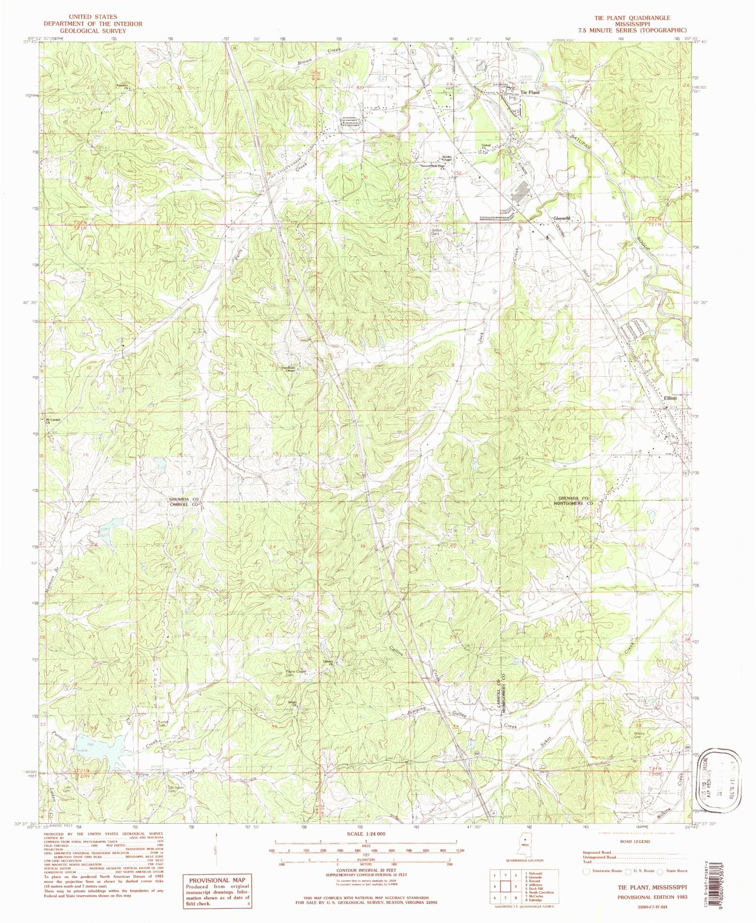 Classic USGS Tie Plant Mississippi 7.5'x7.5' Topo Map Image