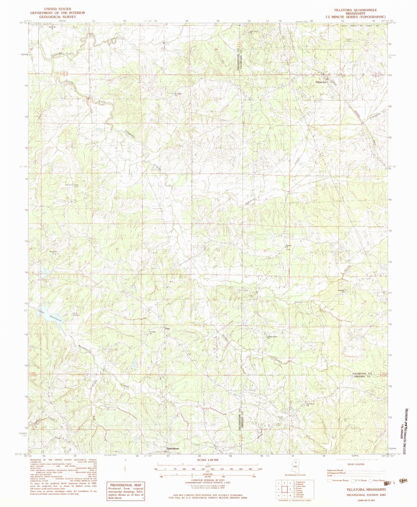 Classic USGS Tillatoba Mississippi 7.5'x7.5' Topo Map Image