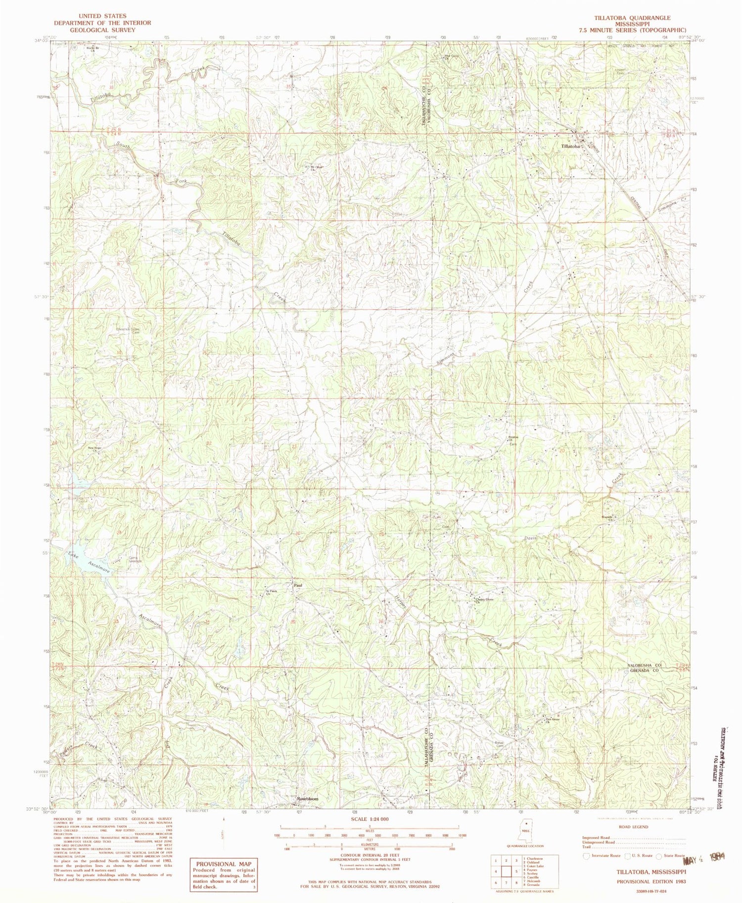 Classic USGS Tillatoba Mississippi 7.5'x7.5' Topo Map Image