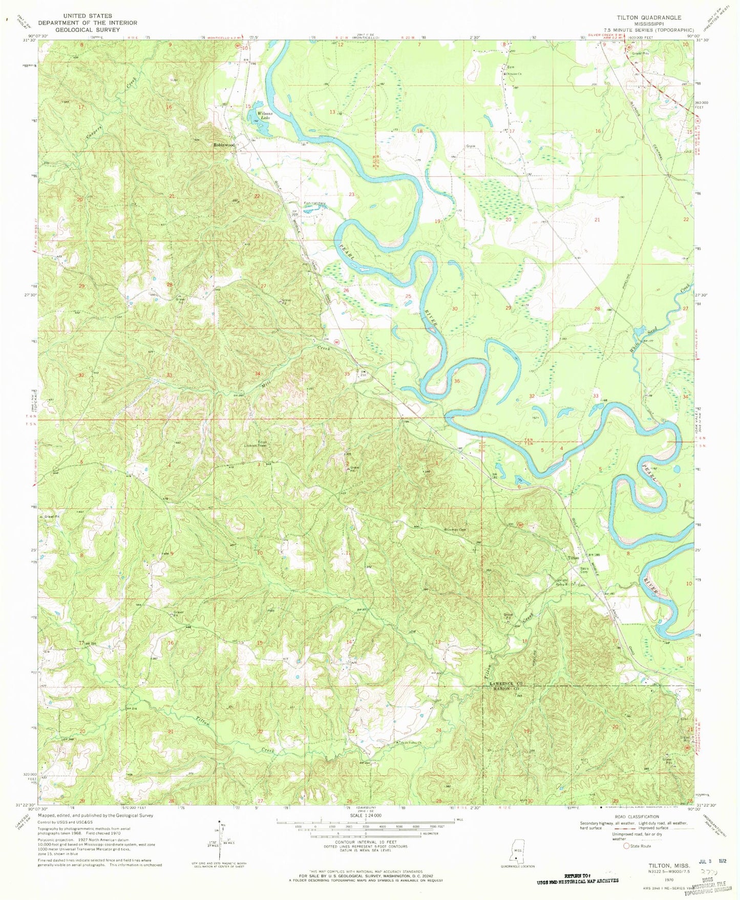 Classic USGS Tilton Mississippi 7.5'x7.5' Topo Map Image
