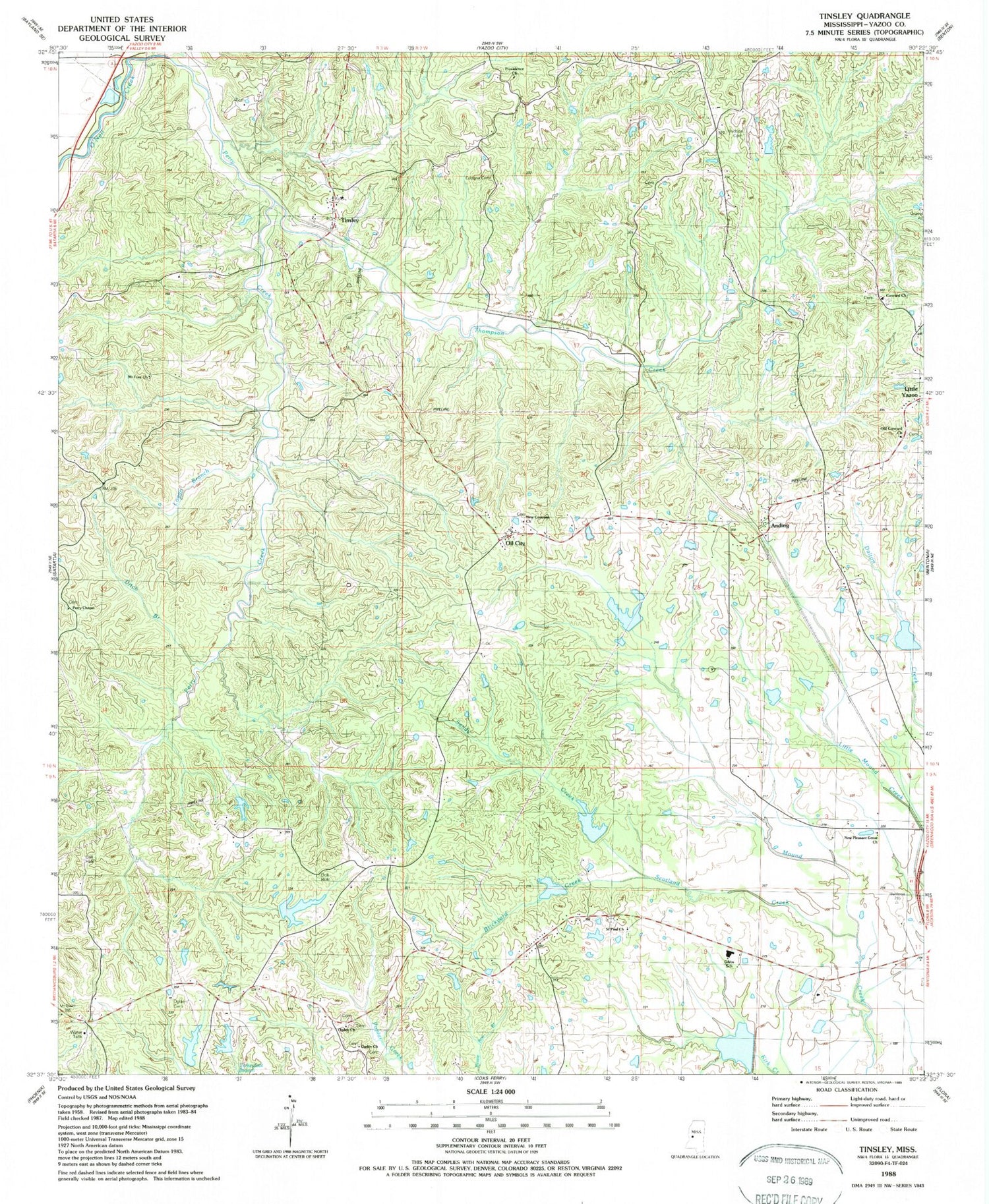 Classic USGS Tinsley Mississippi 7.5'x7.5' Topo Map Image
