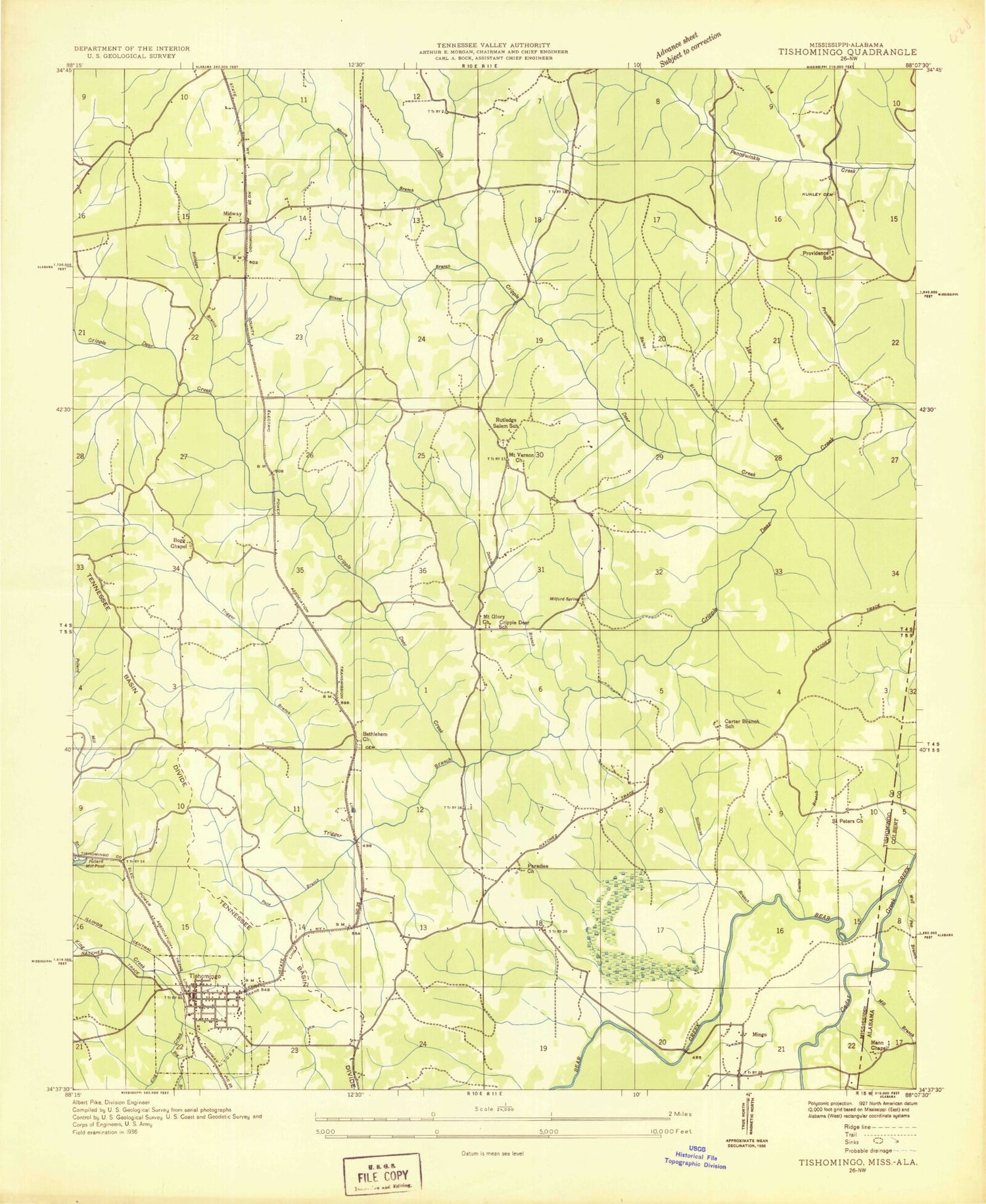 Classic USGS Tishomingo Mississippi 7.5'x7.5' Topo Map Image