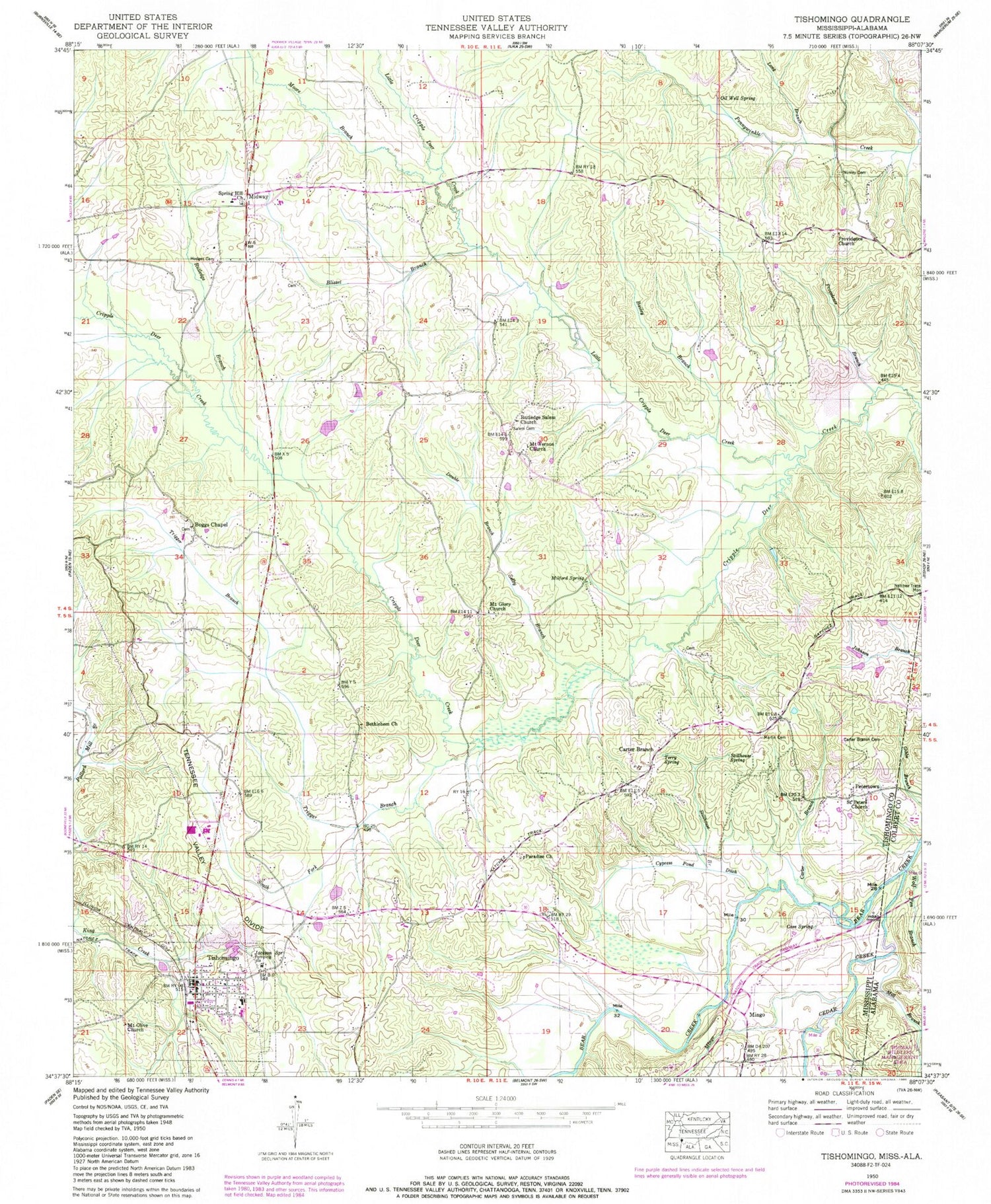 Classic USGS Tishomingo Mississippi 7.5'x7.5' Topo Map Image