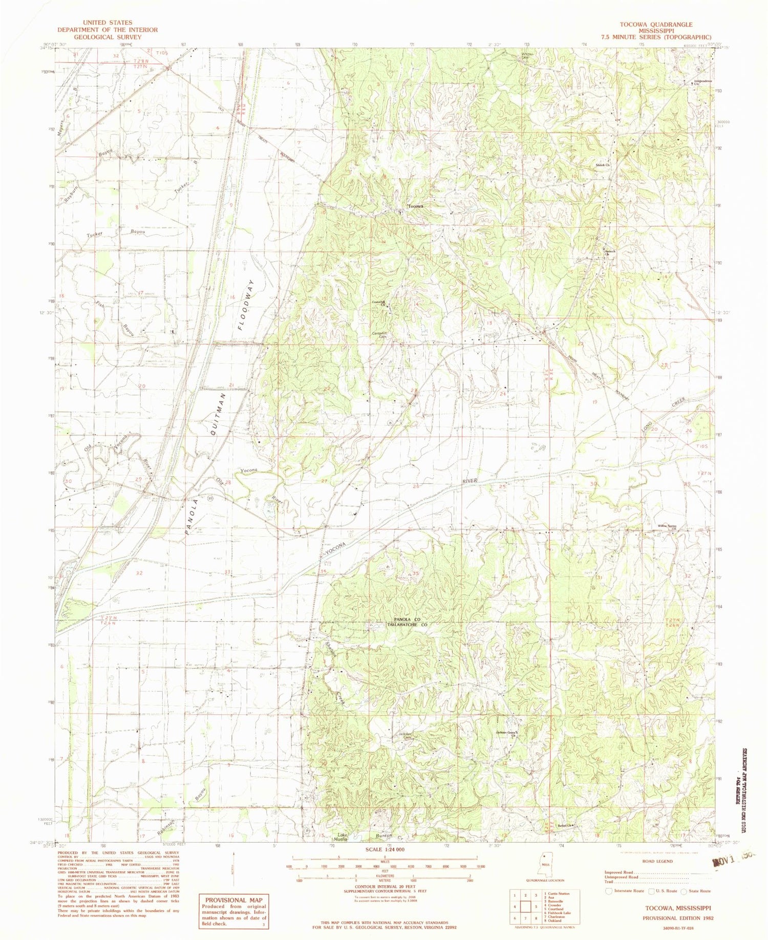 Classic USGS Tocowa Mississippi 7.5'x7.5' Topo Map Image