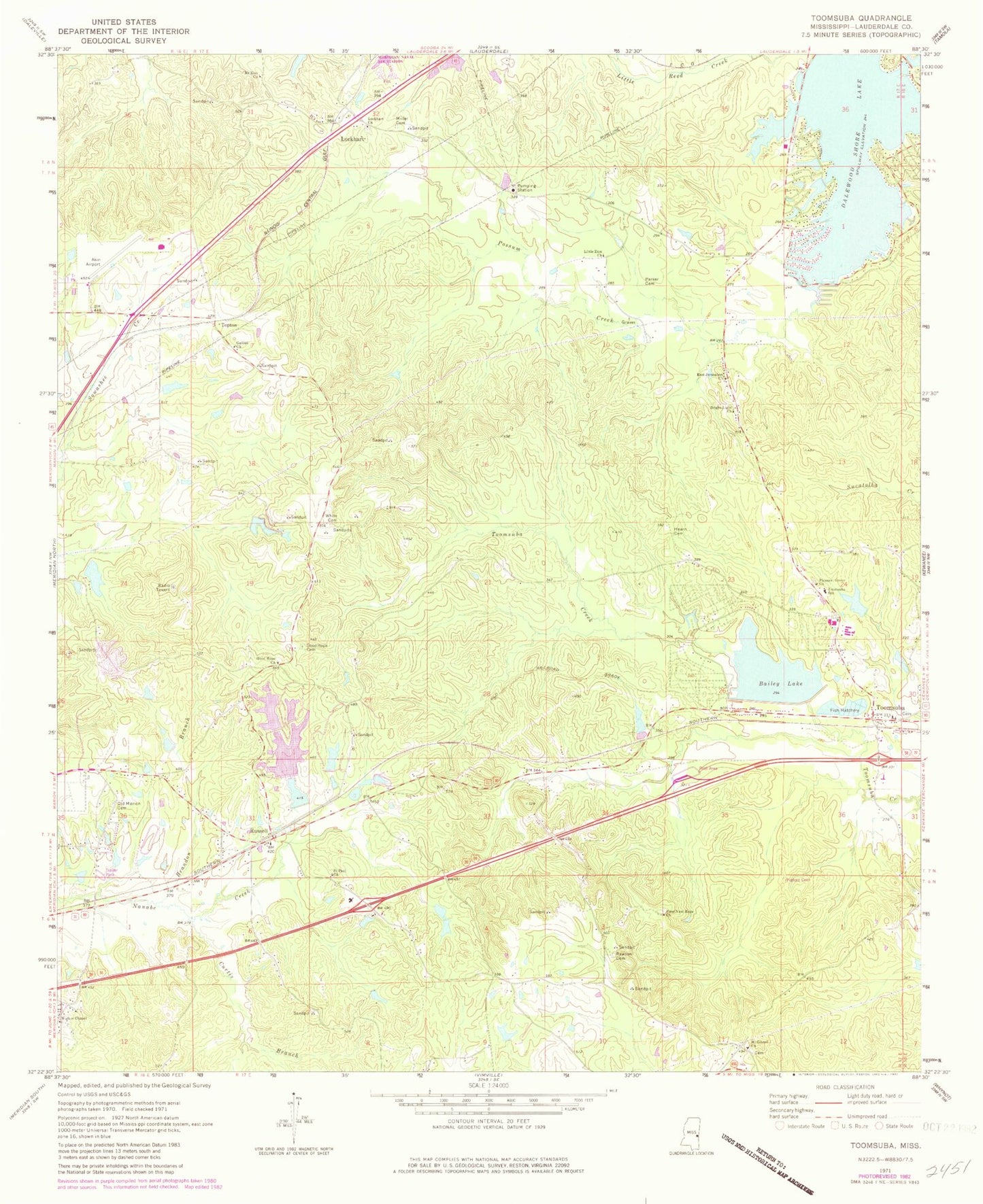 Classic USGS Toomsuba Mississippi 7.5'x7.5' Topo Map Image