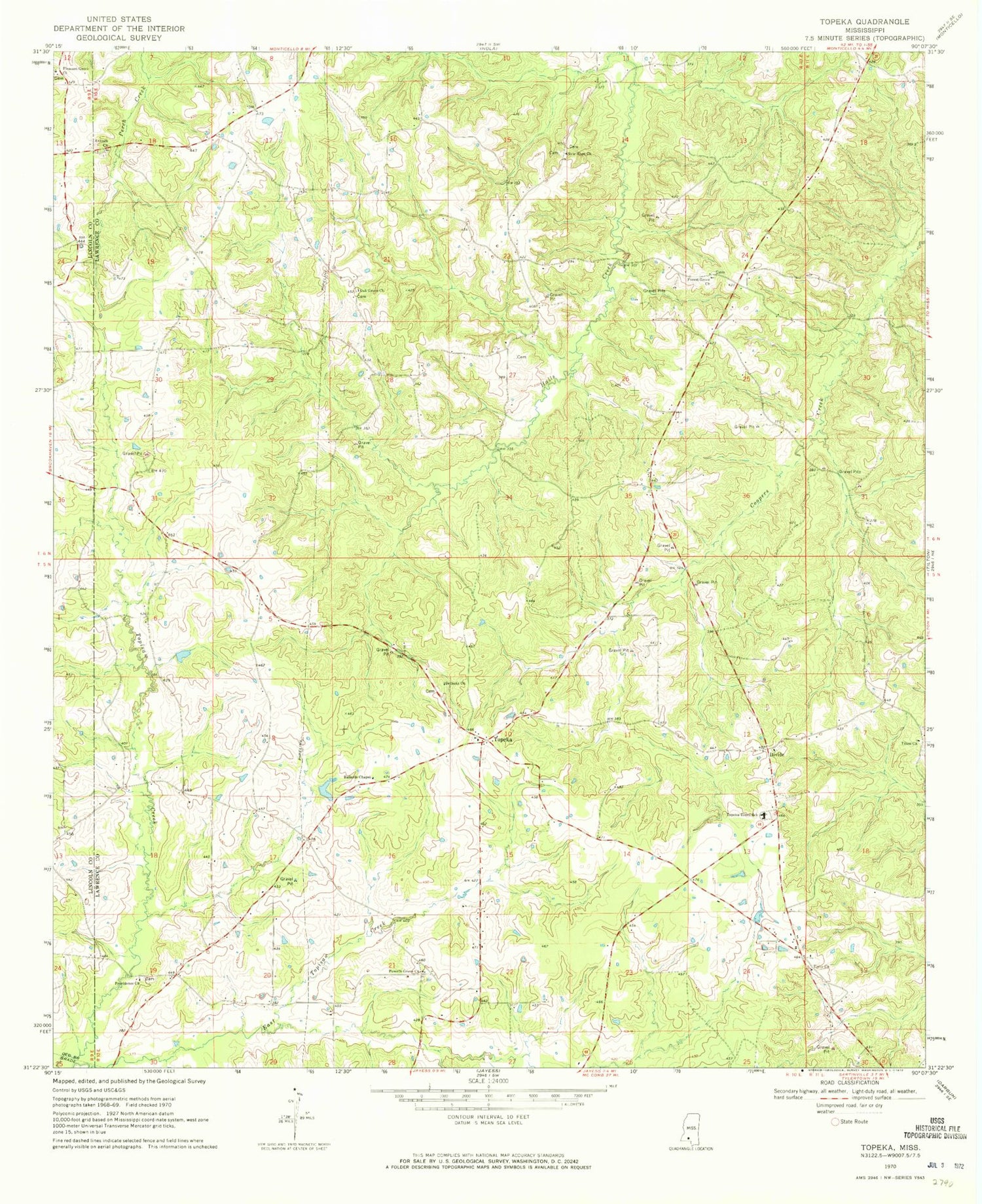 Classic USGS Topeka Mississippi 7.5'x7.5' Topo Map Image