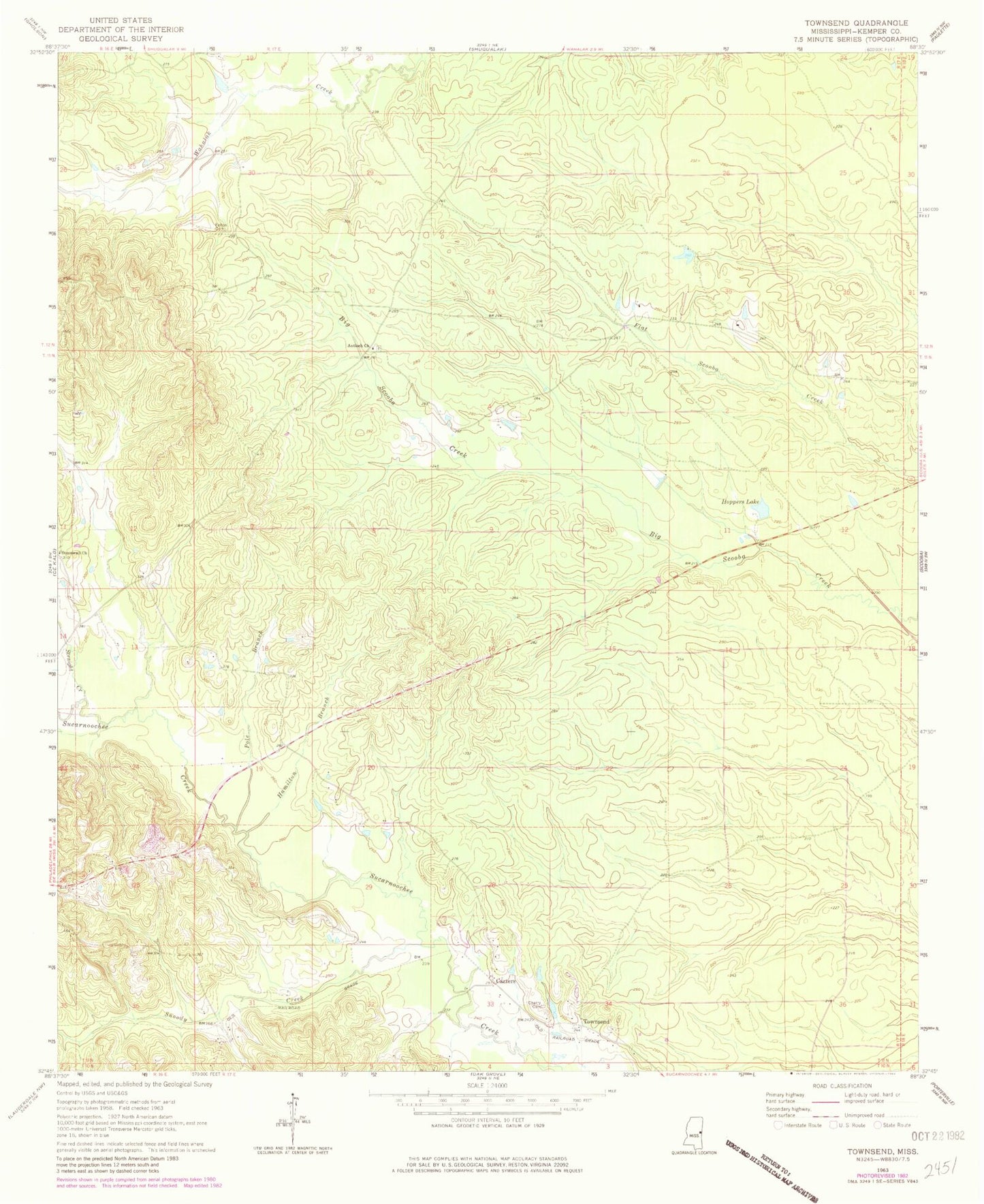 Classic USGS Townsend Mississippi 7.5'x7.5' Topo Map Image