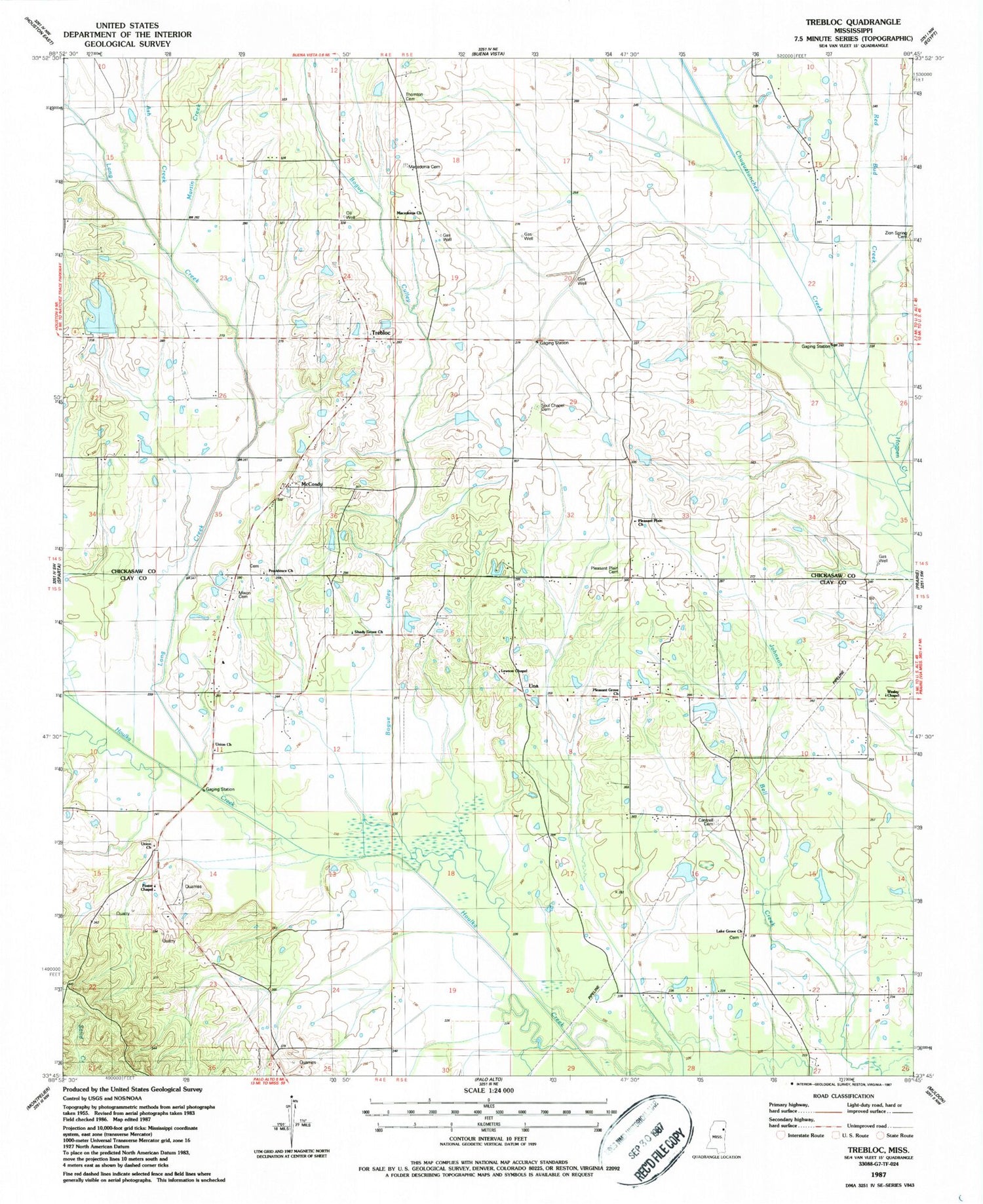 Classic USGS Trebloc Mississippi 7.5'x7.5' Topo Map Image