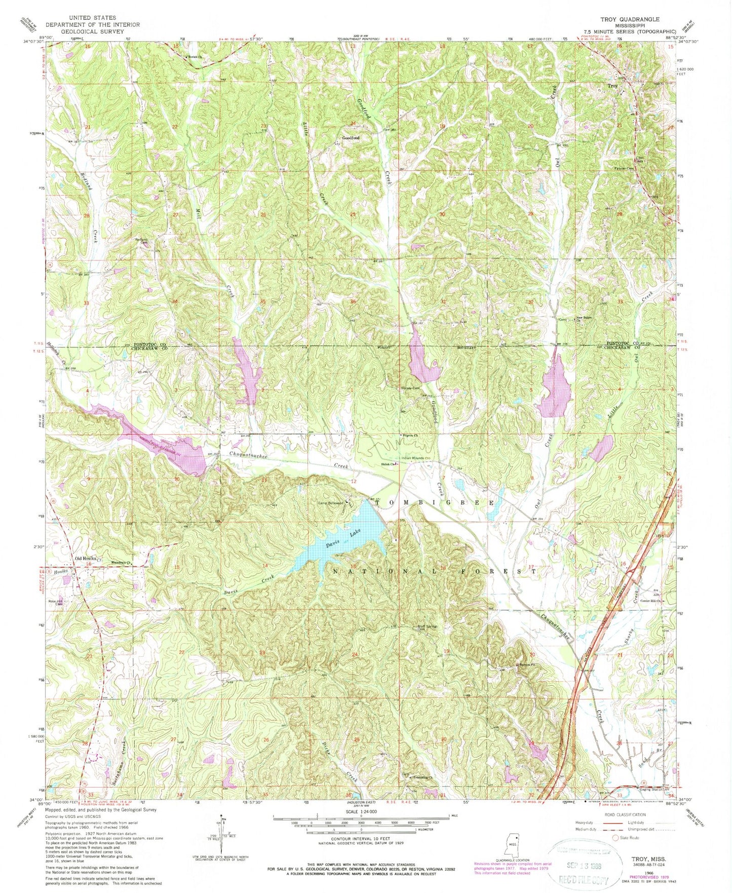Classic USGS Troy Mississippi 7.5'x7.5' Topo Map Image