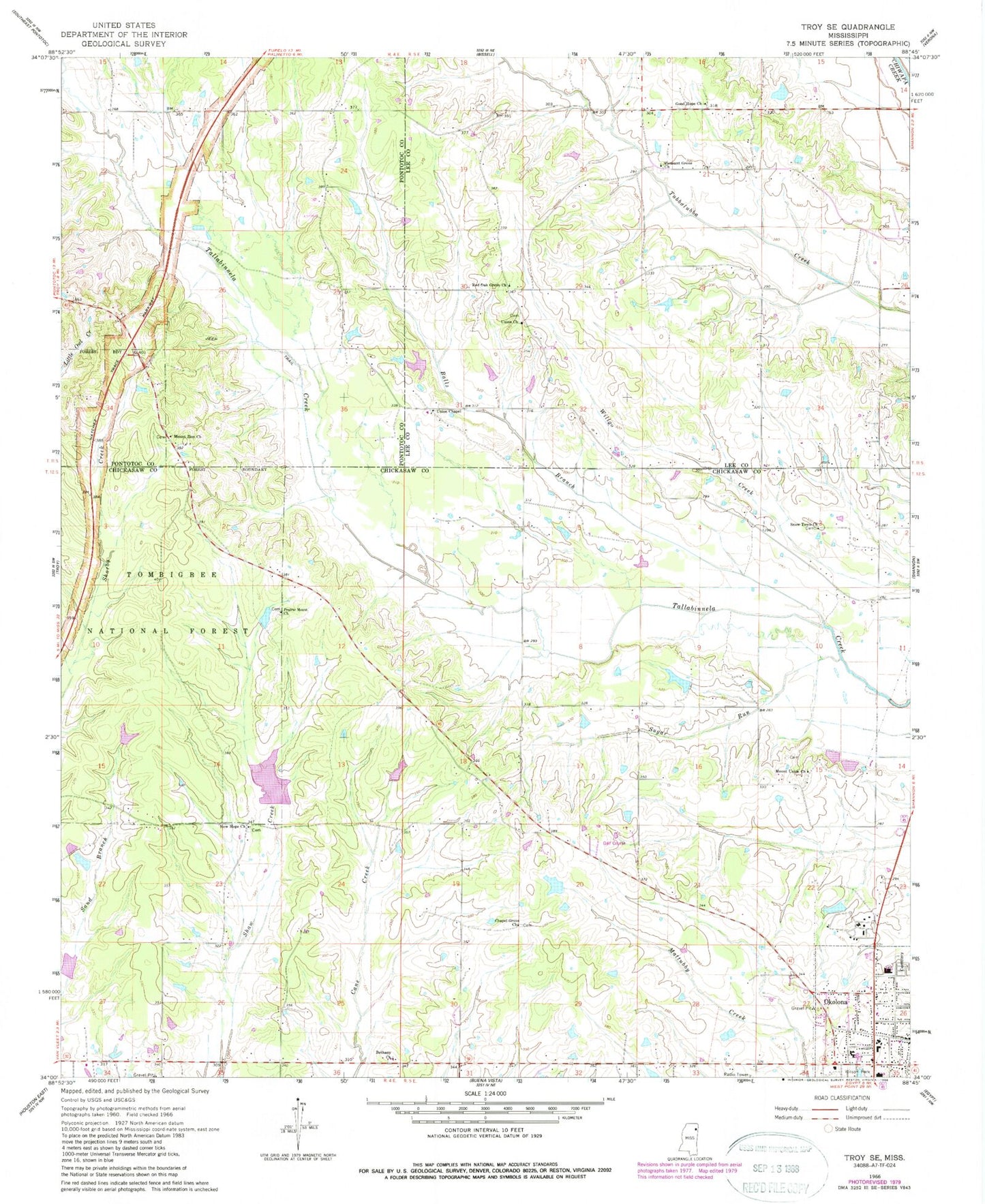 Classic USGS Troy SE Mississippi 7.5'x7.5' Topo Map Image