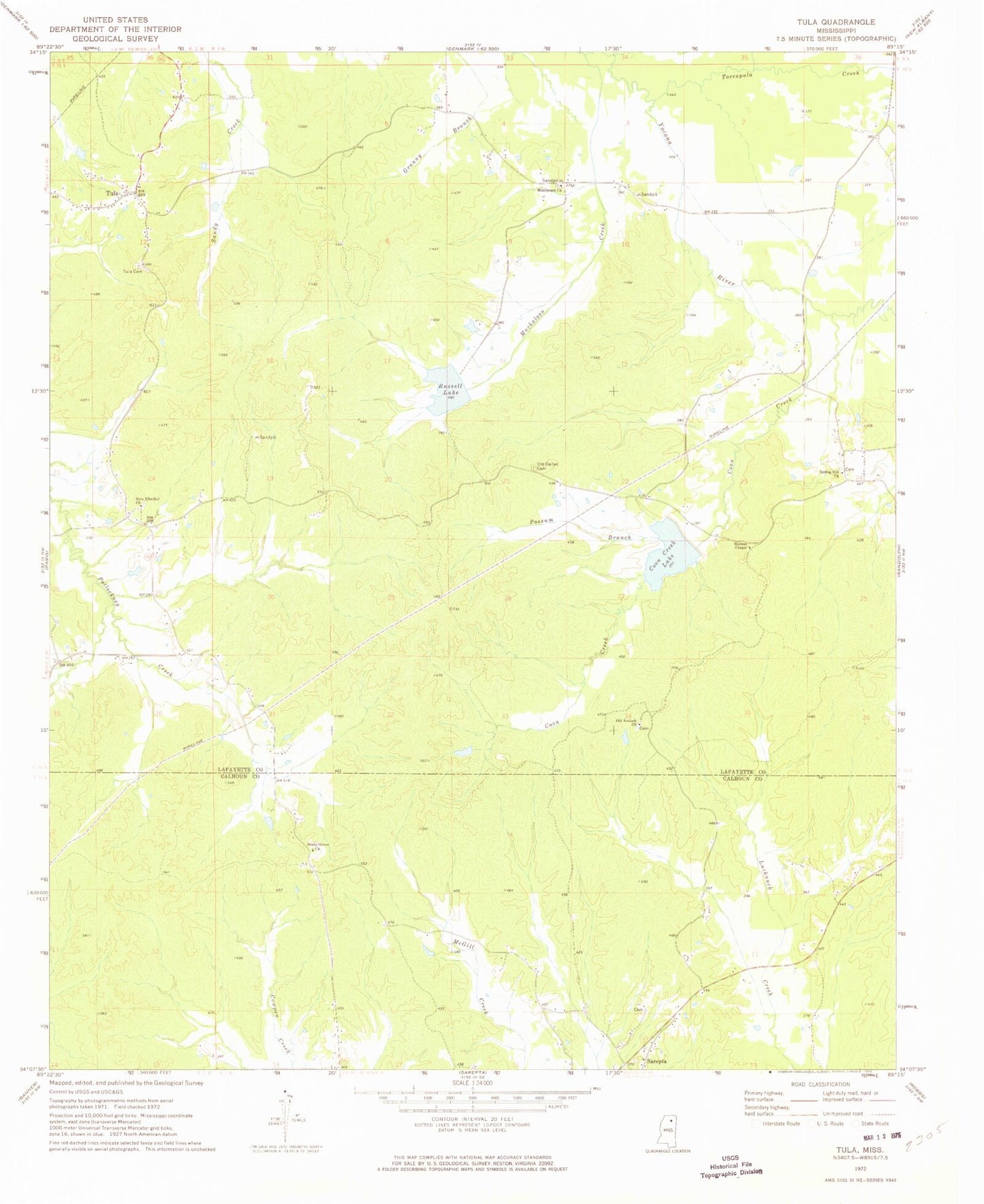 Classic USGS Tula Mississippi 7.5'x7.5' Topo Map Image