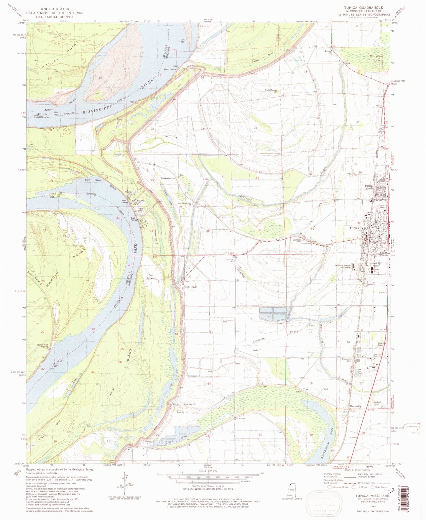 Classic USGS Tunica Mississippi 7.5'x7.5' Topo Map Image