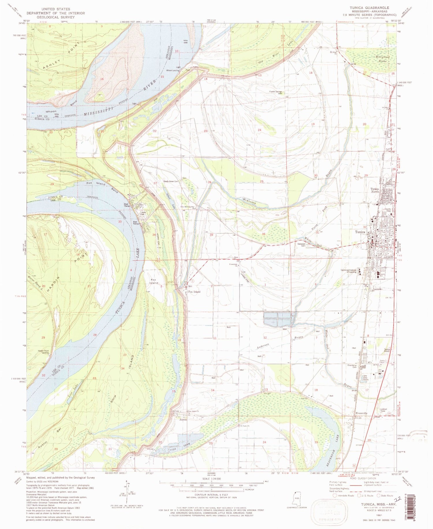 Classic USGS Tunica Mississippi 7.5'x7.5' Topo Map Image