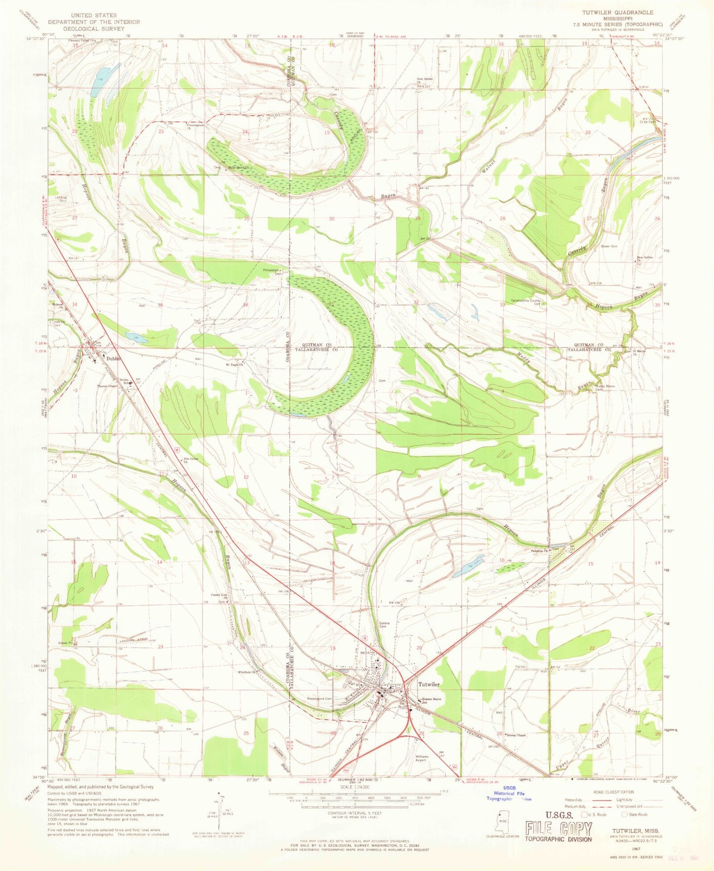 Classic USGS Tutwiler Mississippi 7.5'x7.5' Topo Map Image