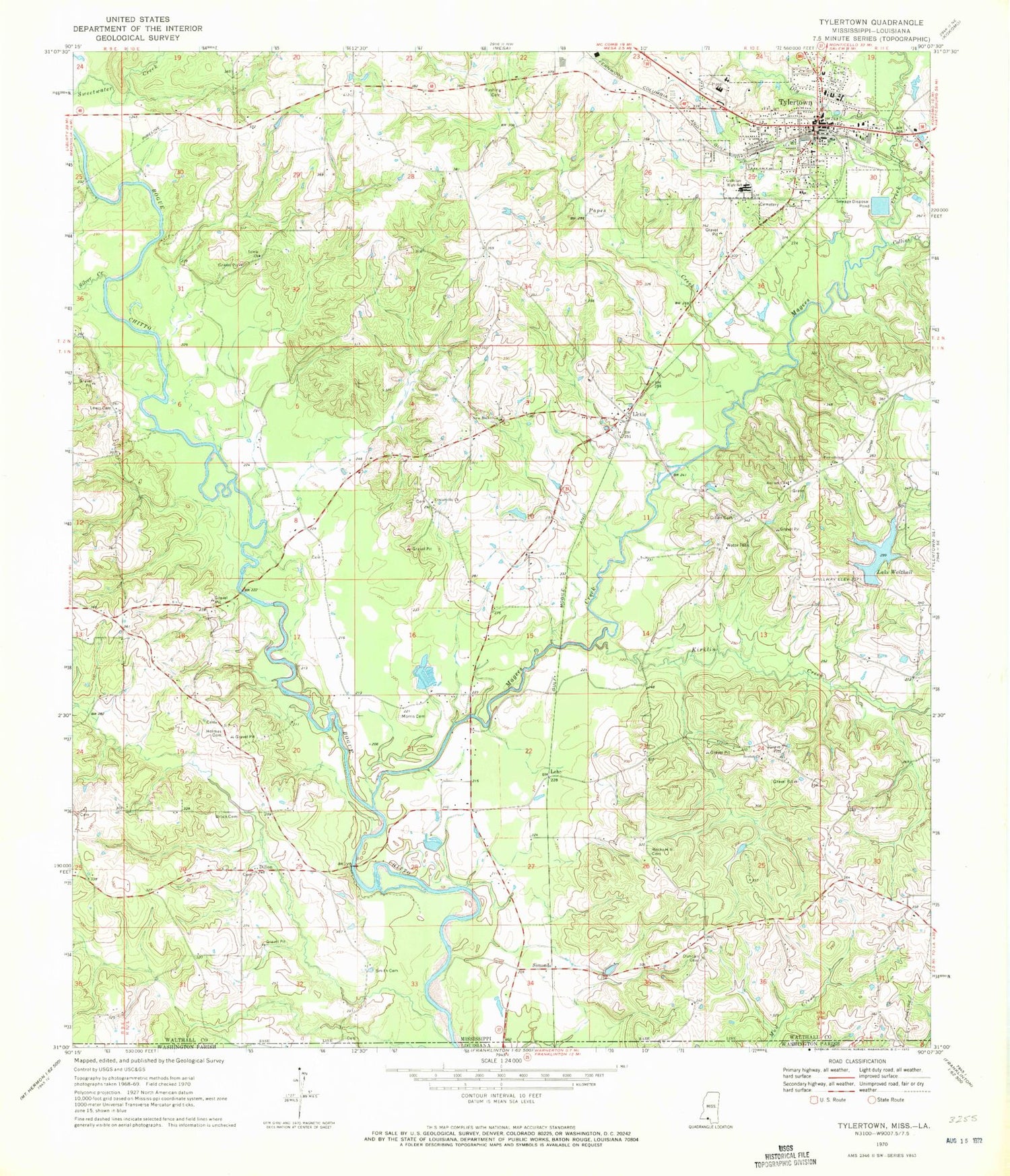 Classic USGS Tylertown Mississippi 7.5'x7.5' Topo Map Image